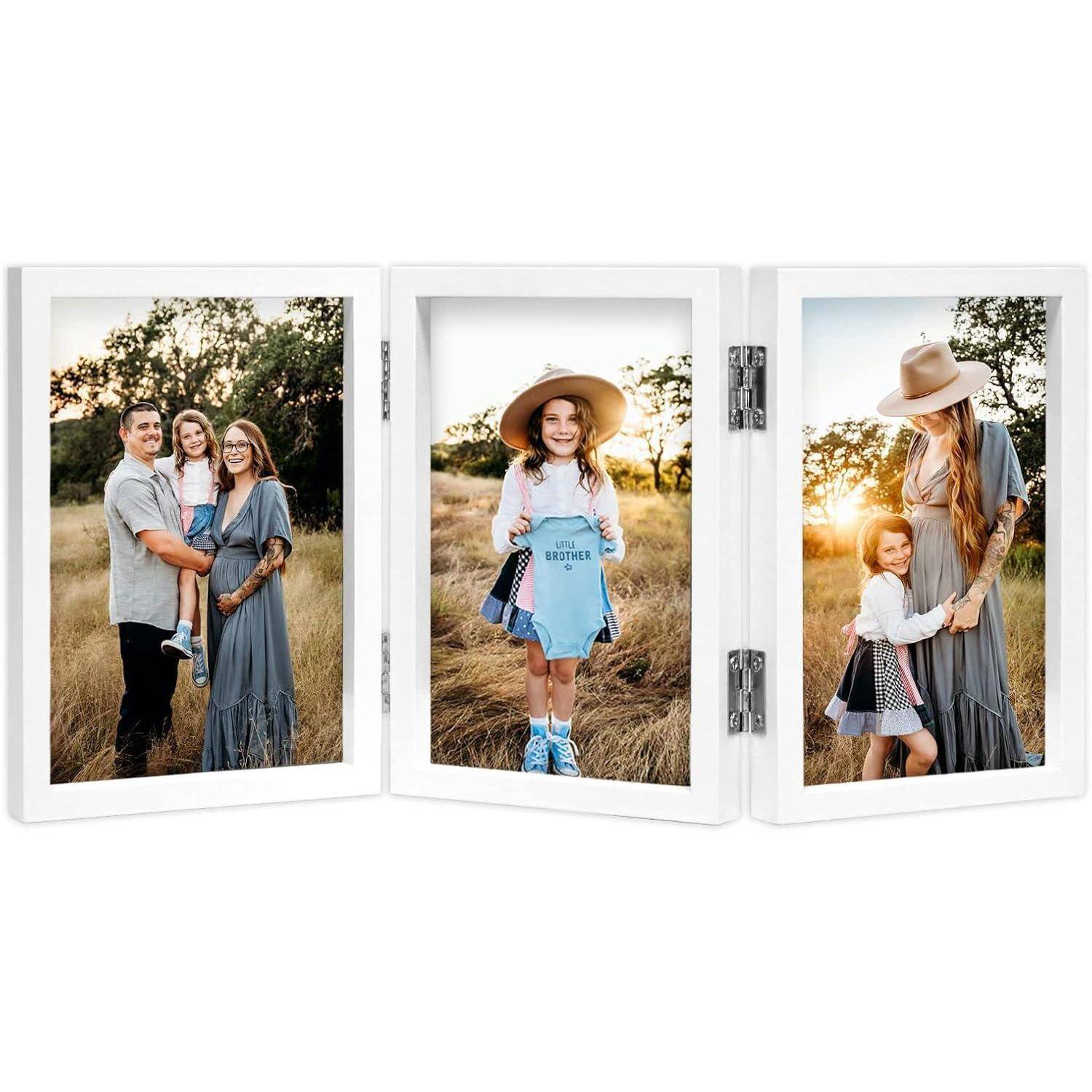Bilderrahmen für 3 Fotos 10x15 cm Weiß Holz Aufklappbar mit Glasfront