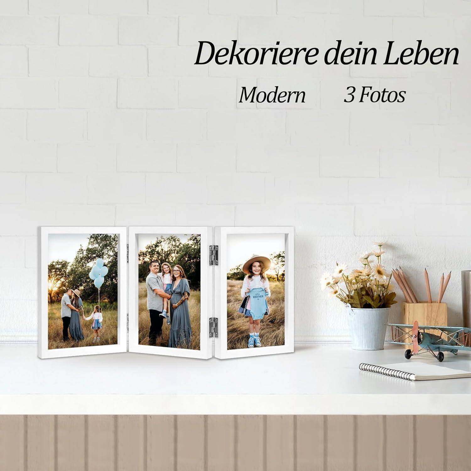 Bilderrahmen für 3 Fotos 10x15 cm Weiß Holz Aufklappbar mit Glasfront