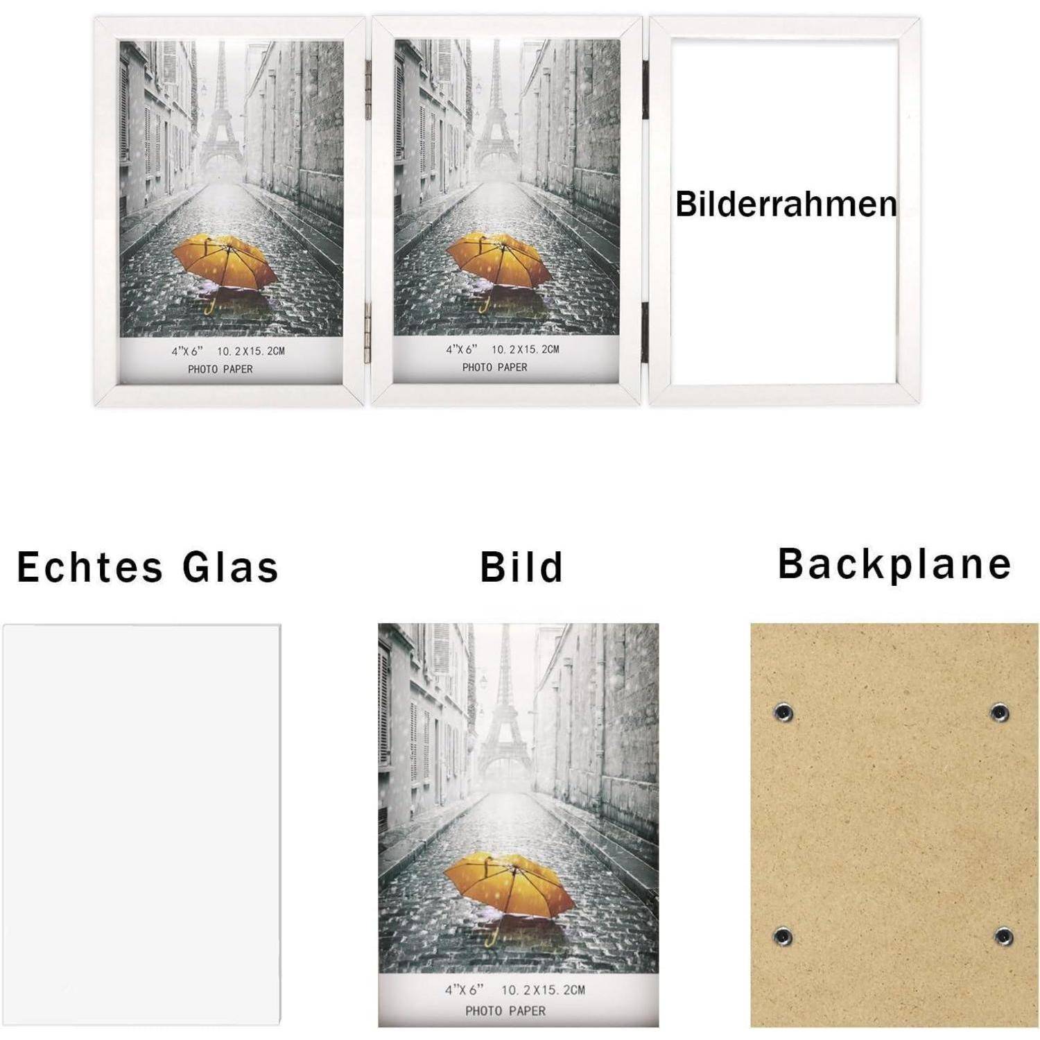 Bilderrahmen für 3 Fotos 10x15 cm Weiß Holz Aufklappbar mit Glasfront