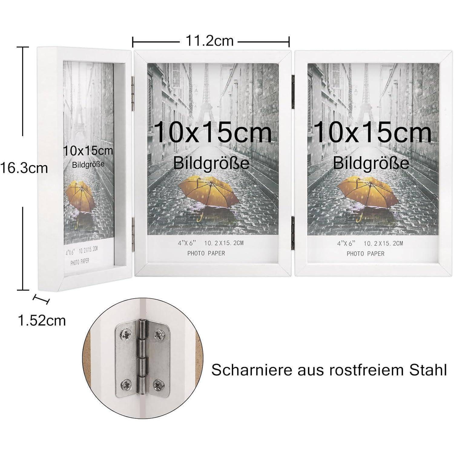 Bilderrahmen für 3 Fotos 10x15 cm Weiß Holz Aufklappbar mit Glasfront