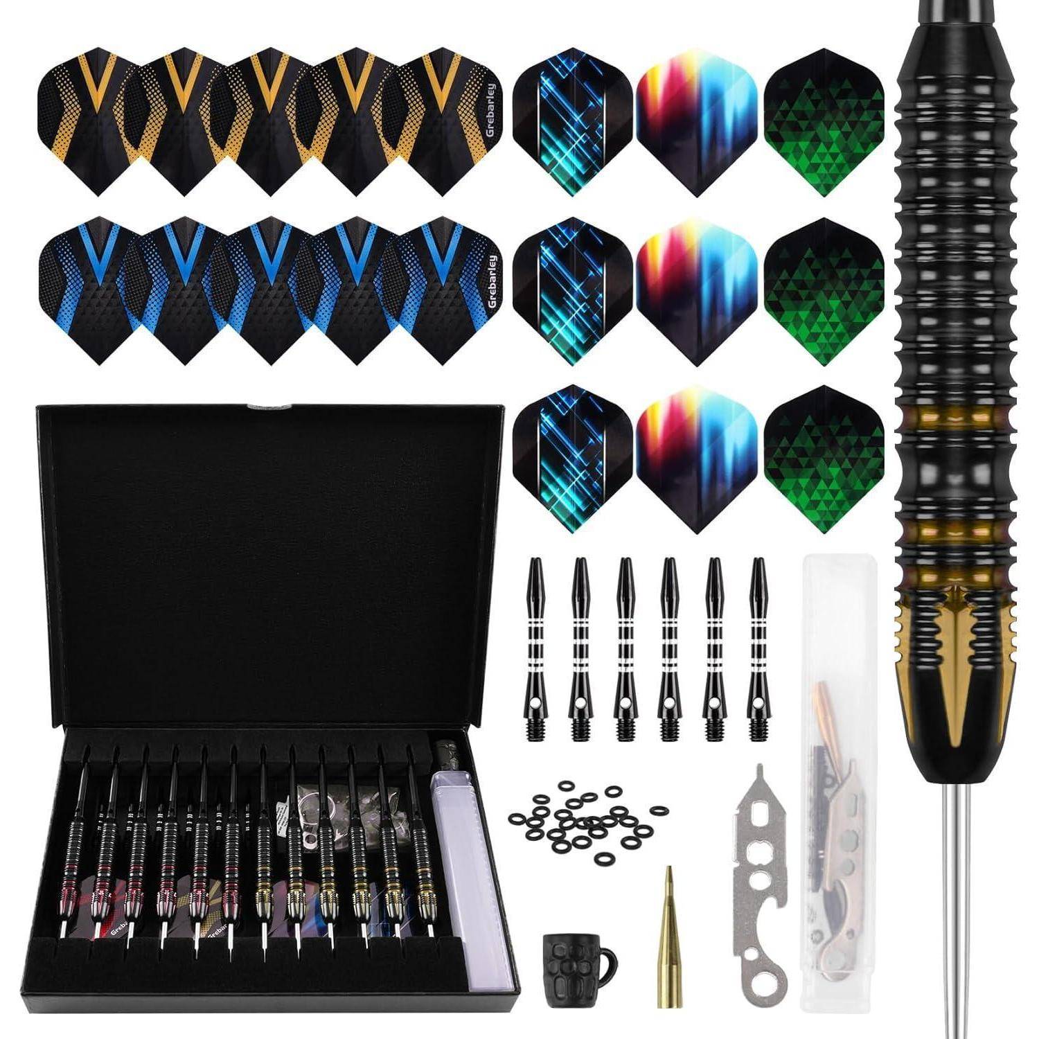 Ein Dartset mit mehreren Dartflights, austauschbaren Schäften, Spitzen, einer Tragetasche und Zubehör zum Zusammenbau und zur Personalisierung von Dartpfeilen.