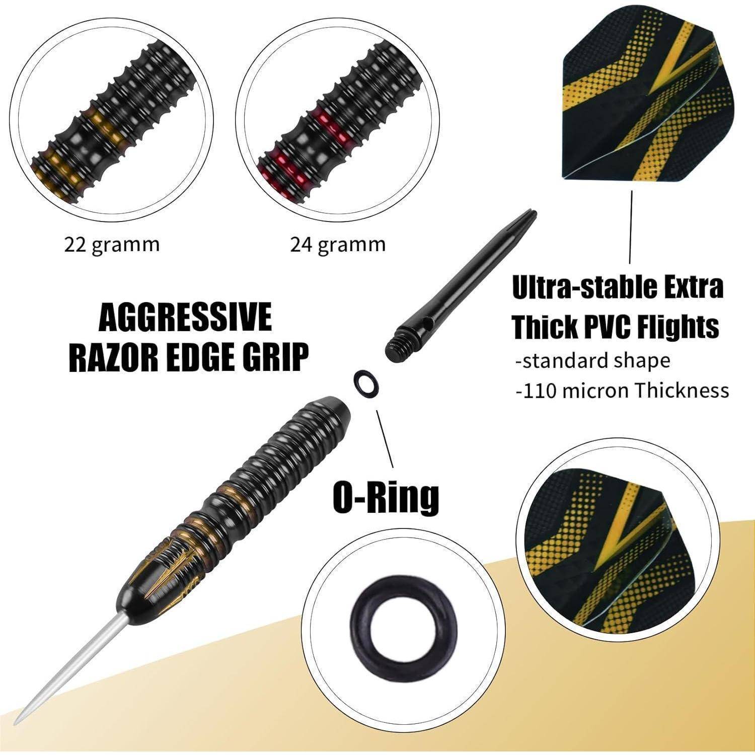 Dartset mit aggressivem Razor-Edge-Griff. Enthält 22g und 24g Barrel, O-Ring und ultra-stabile PVC-Flights mit 110-Mikron-Dicke.