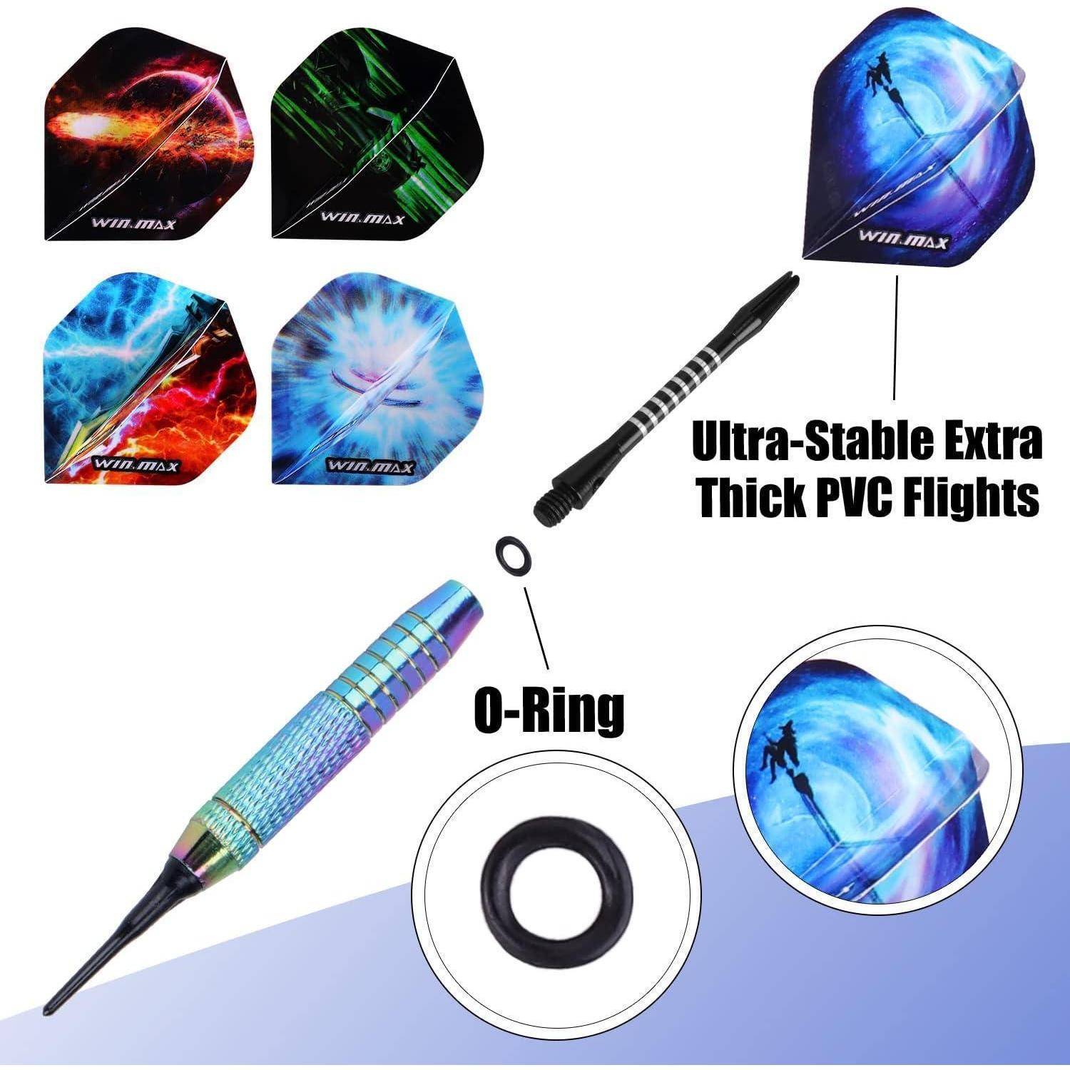 Dart-Set mit vier besonders stabilen PVC-Flügeln, einem Dartpfeil-Schaft mit Griffringen und einem O-Ring für eine sichere Befestigung.