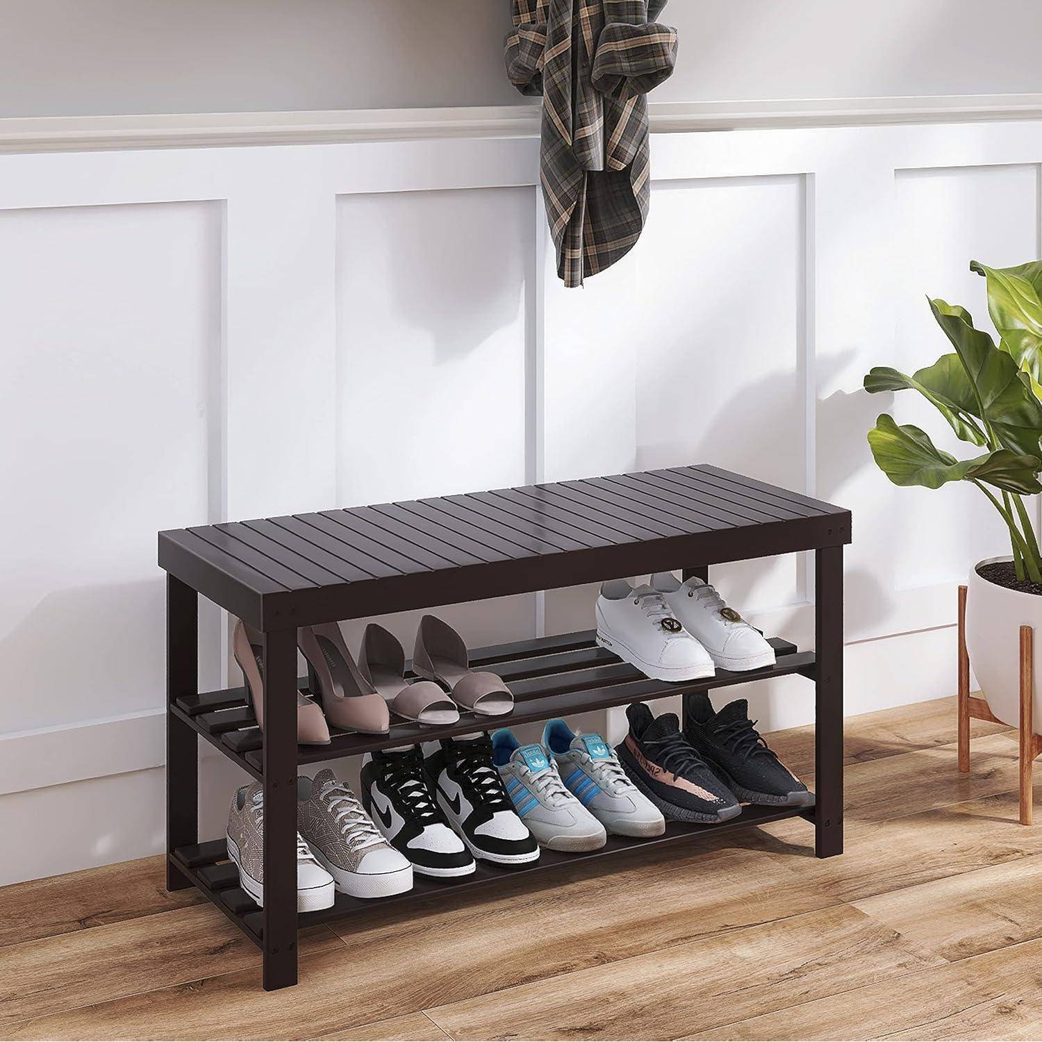 Schuhbank Schuhregal Bambus Schuhschrank Sitzbank 3 Ablagen Stabil