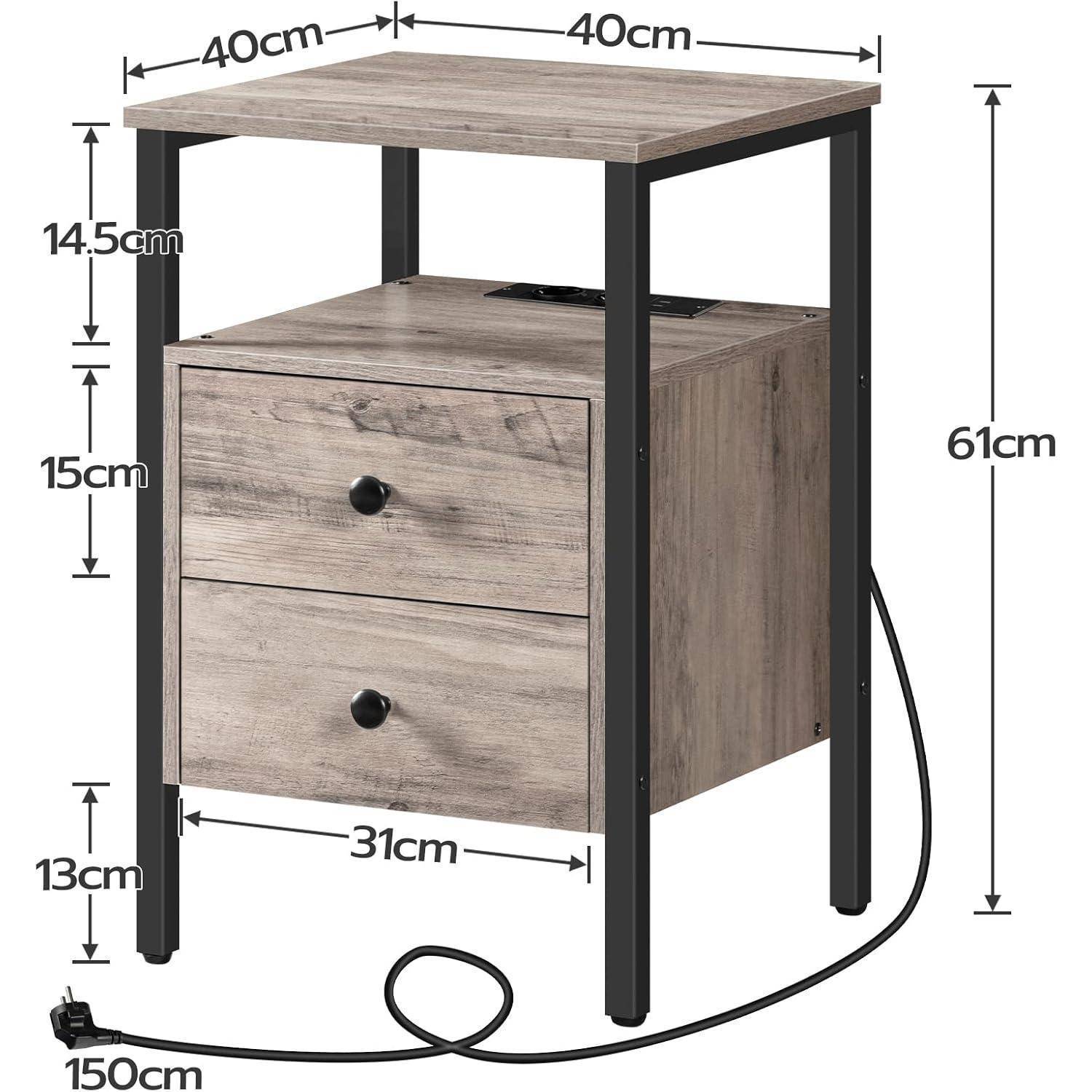 Nachttisch mit Ladestation und USB-Anschlüssen, 2 Schubladen, 40 x 40