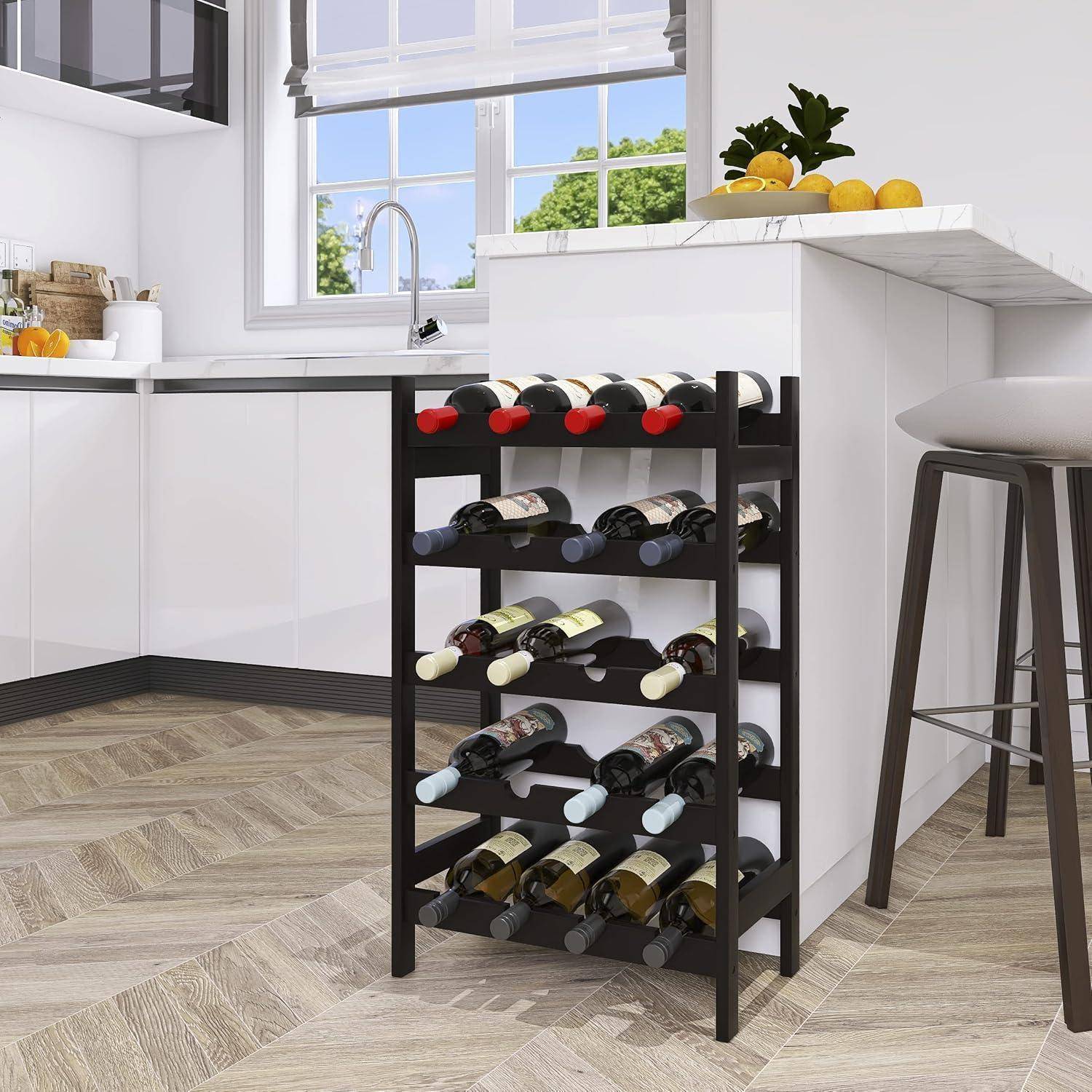 Bambus-Weinregal 20 Flaschen, 5-stöckig, freistehend, Schwarz
