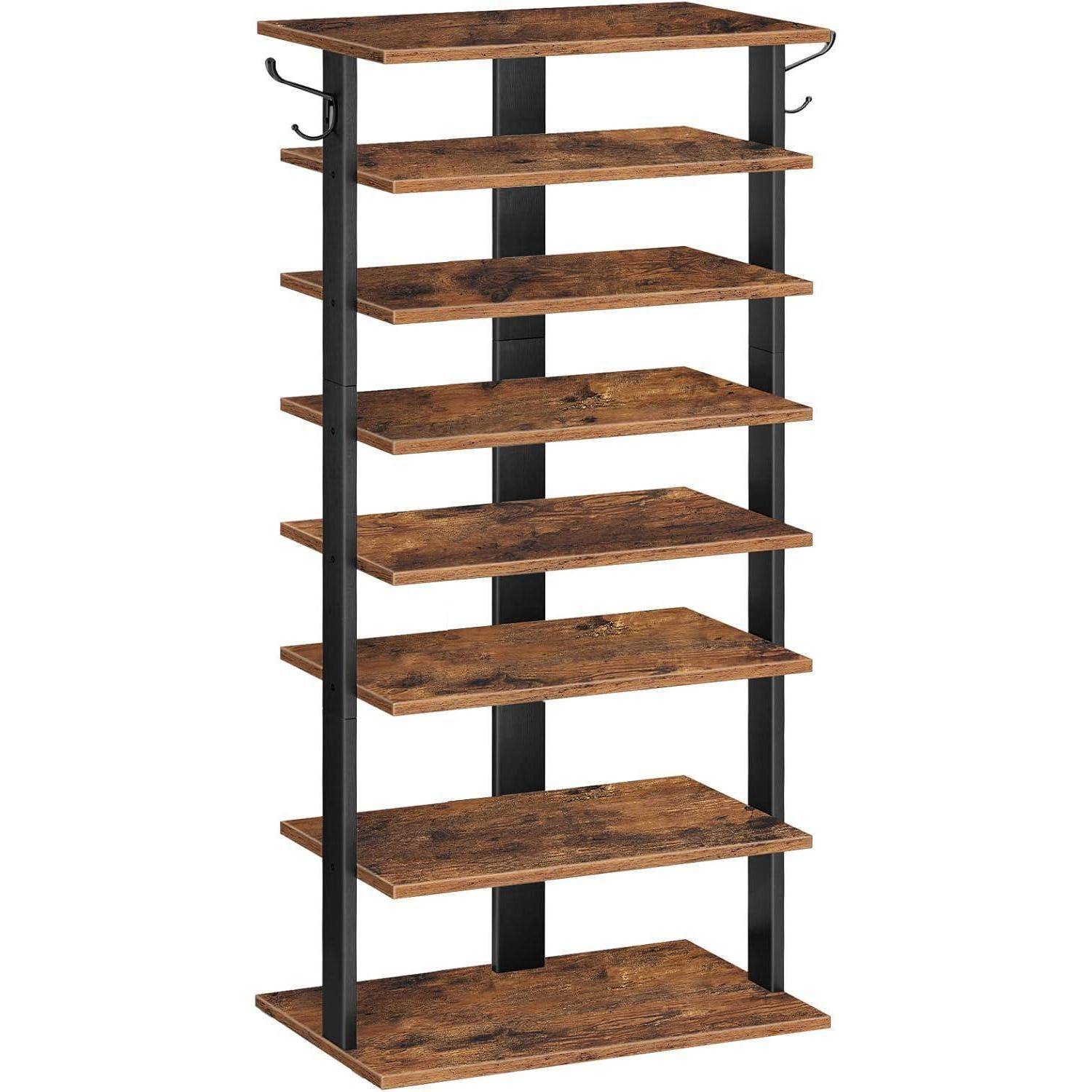 8-lagiges Schuhregal schmal 50 cm mit 2 Haken Dunkelbraun Schwarz