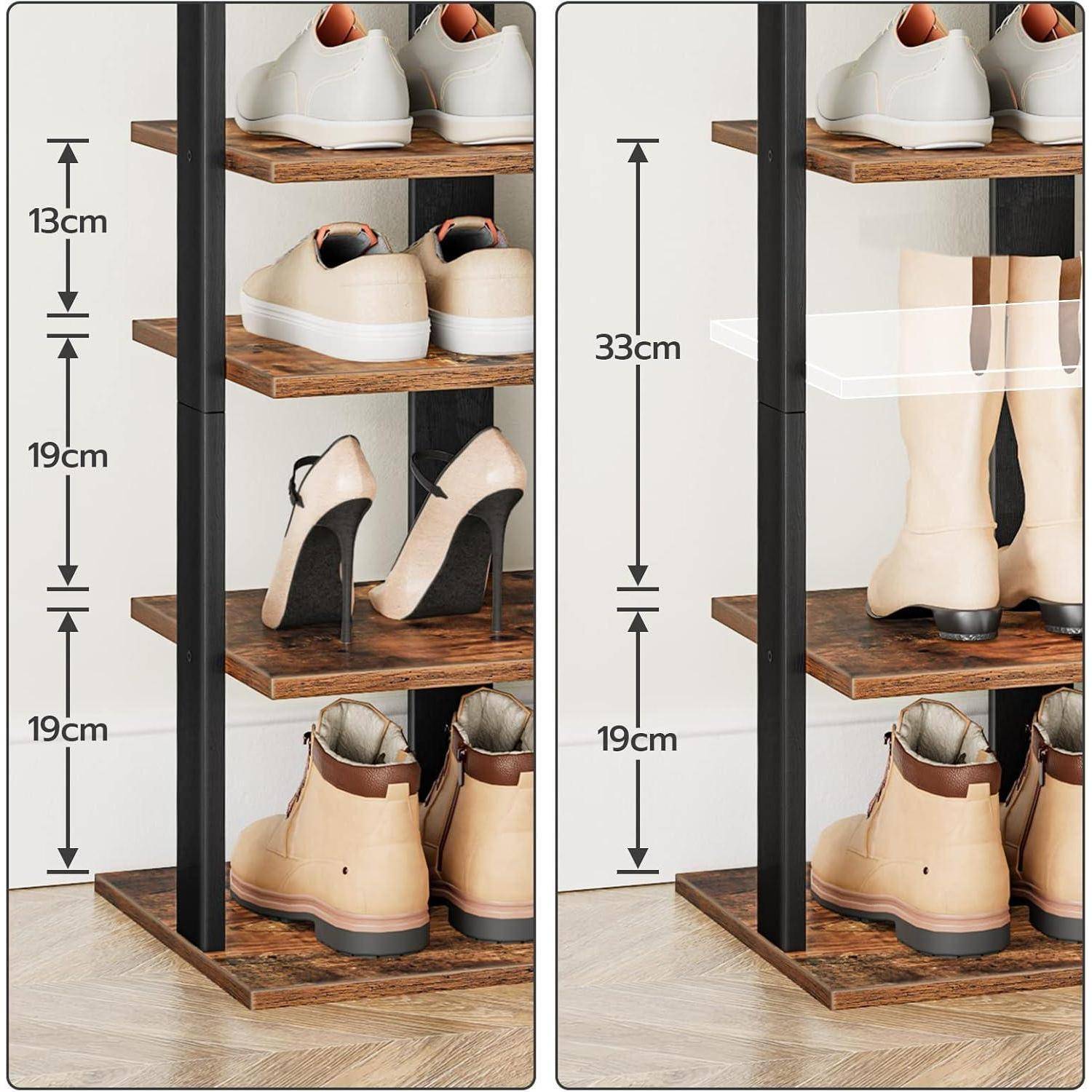 8-lagiges Schuhregal schmal 50 cm mit 2 Haken Dunkelbraun Schwarz