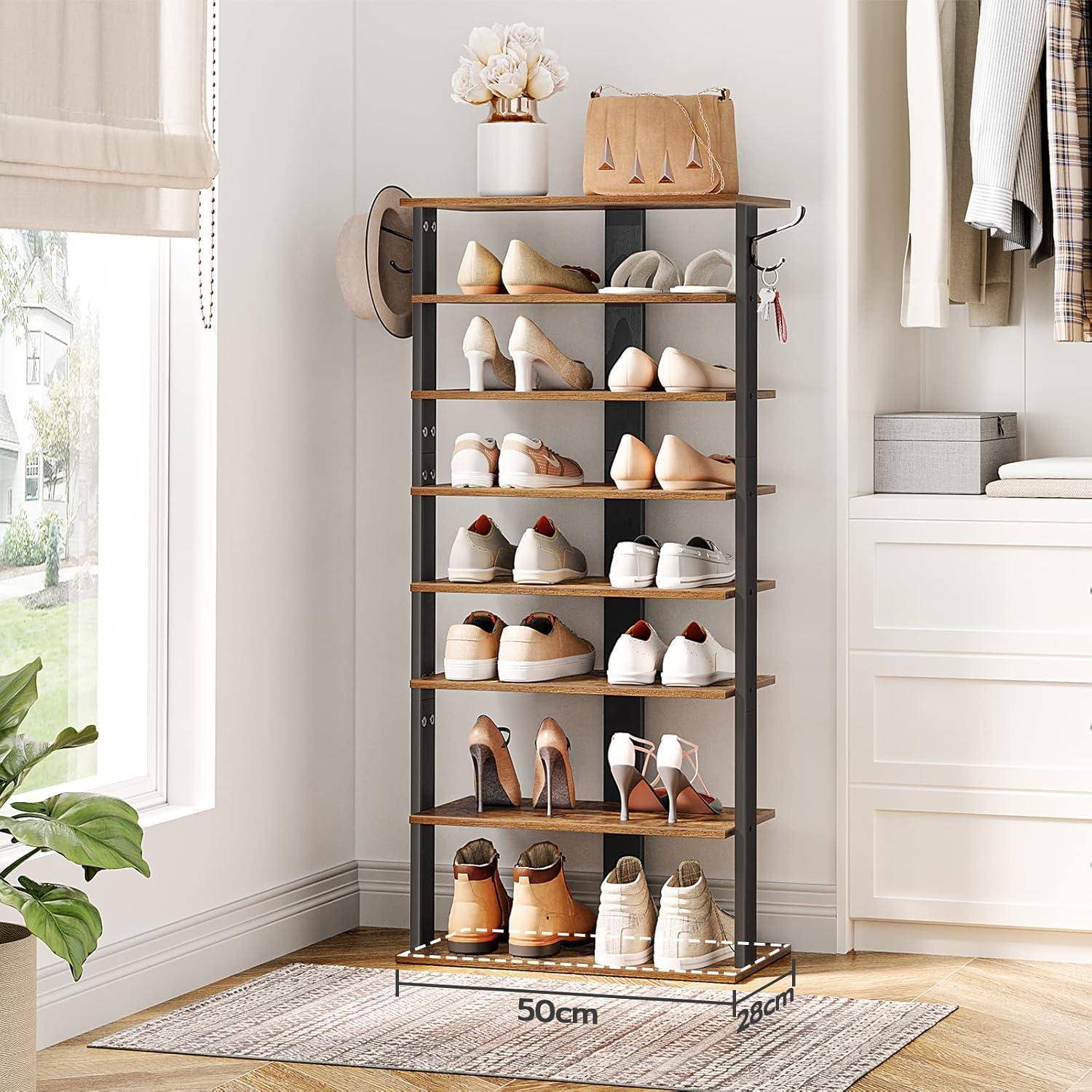 8-lagiges Schuhregal schmal 50 cm mit 2 Haken Dunkelbraun Schwarz