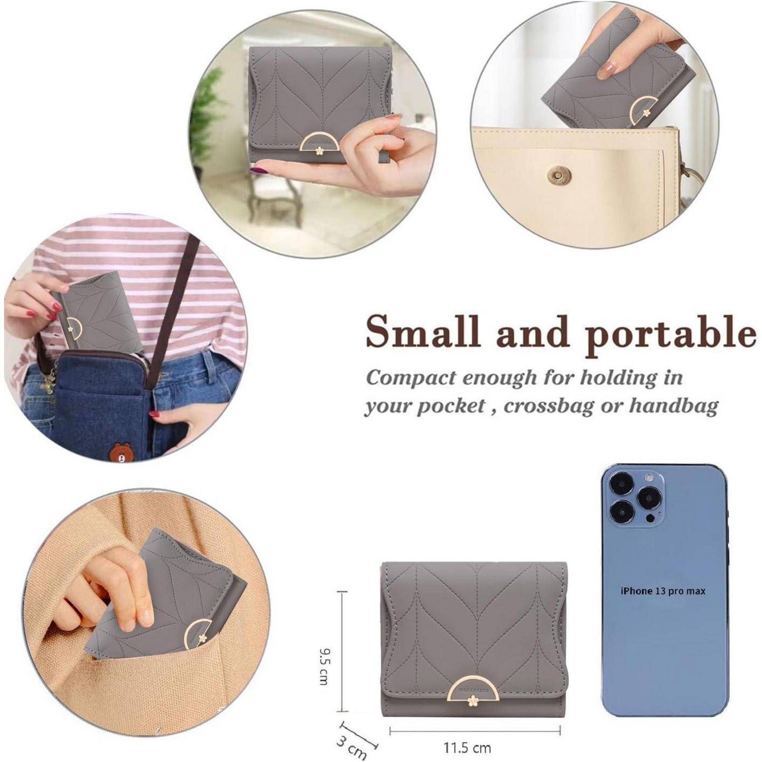 Kleine, tragbare Geldbörse, die in der Hand, in der Tasche und in einer Handtasche zu sehen ist. Abmessungen: 11,5 x 9,5 x 3 cm. Größenvergleich mit Smartphone.