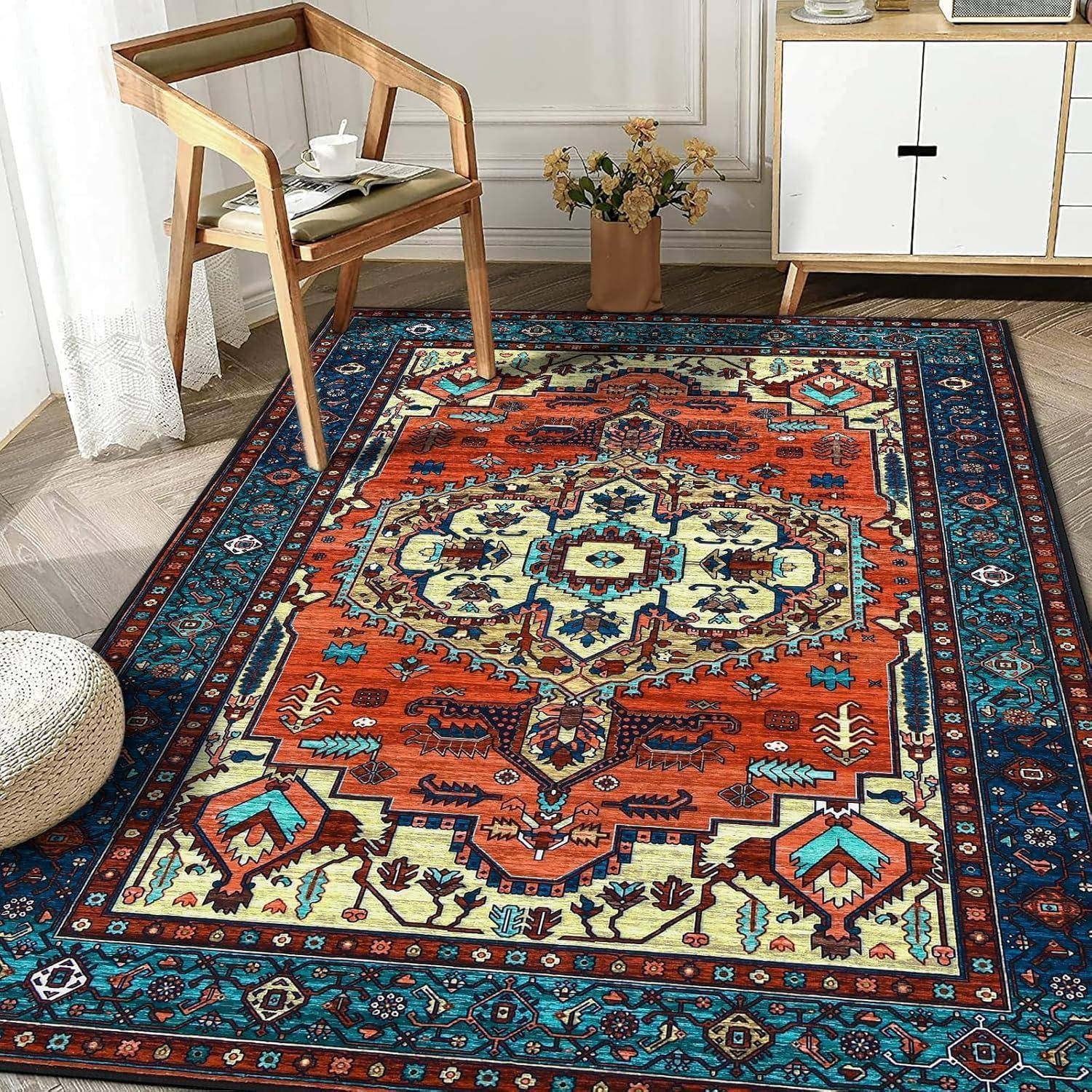 Boho Teppich Vintage Design Kurzflor Waschbar Rutschfest 120x170cm Rot