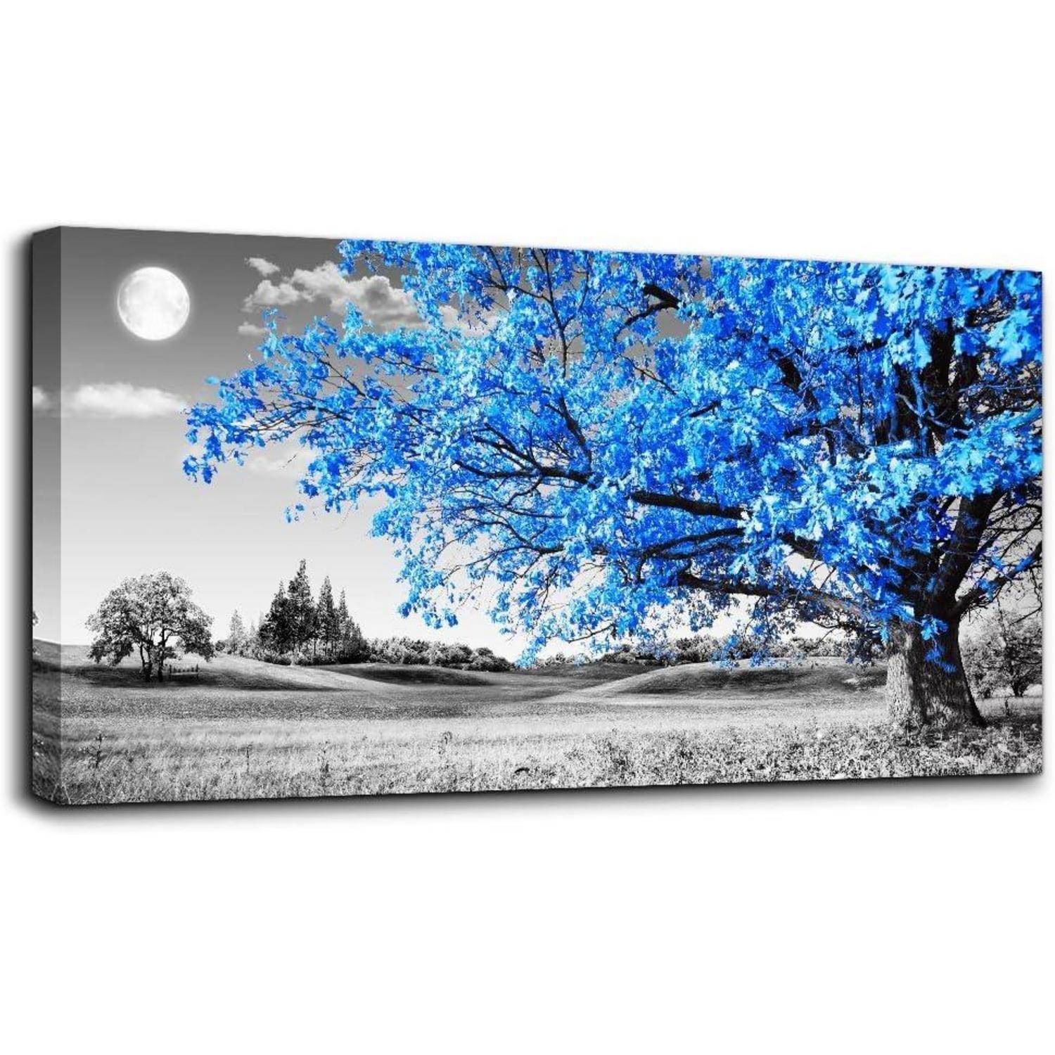 Blaue Baum Leinwandbild, Vintage Wanddekoration für Wohnzimmer 100x50