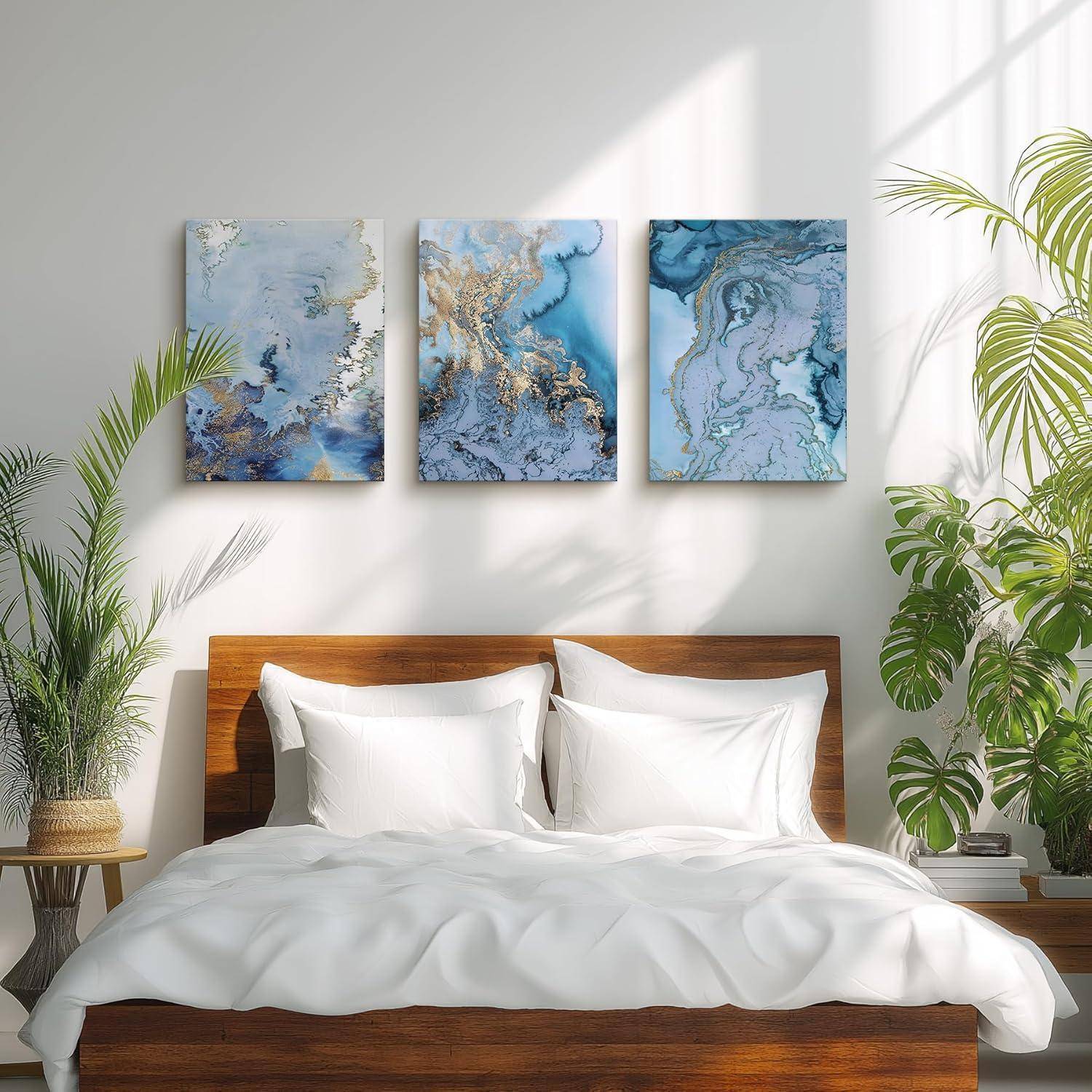 Wandbilder Abstrakt Blau Weiß Leinwand Kunst 40x58cm 3er Set