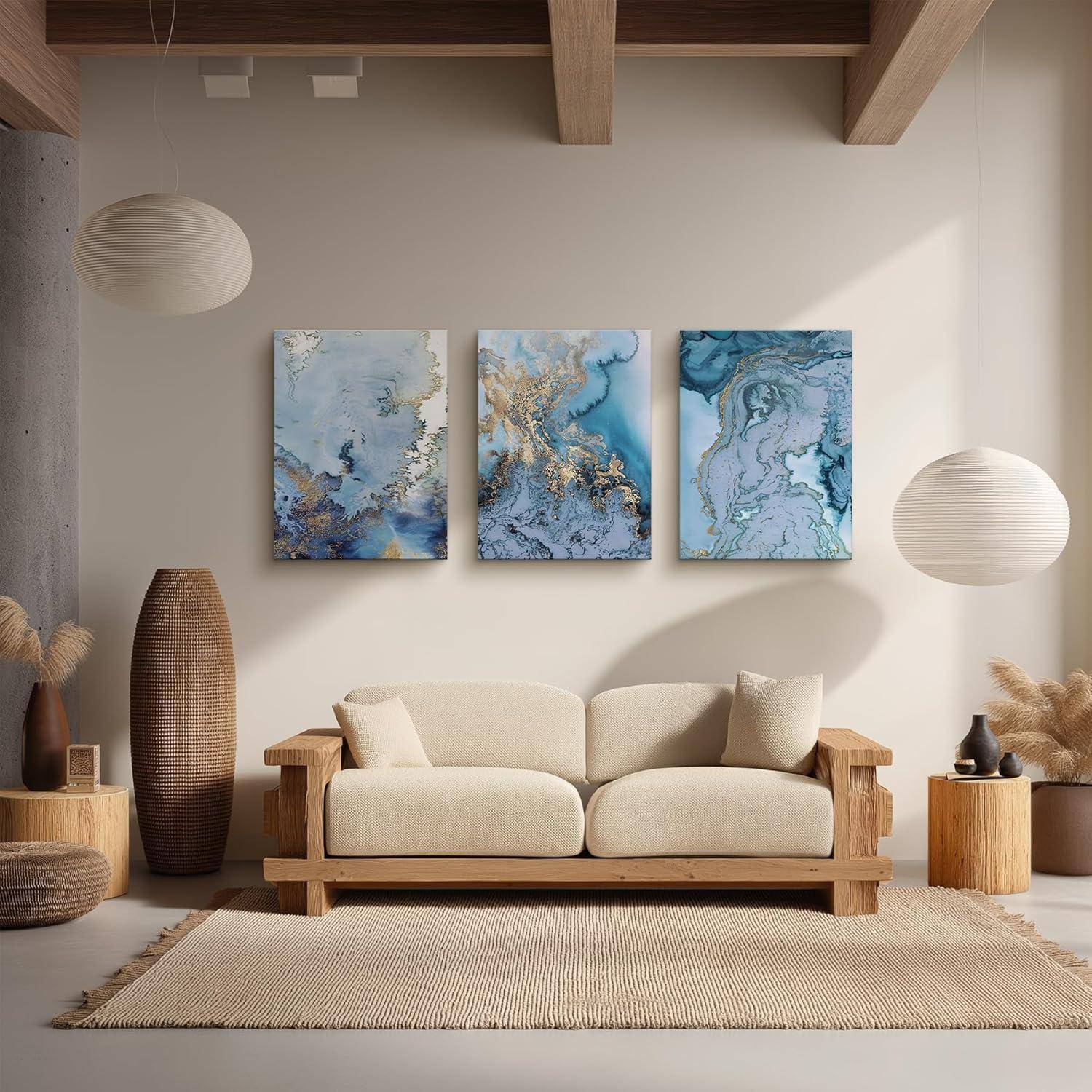 Wandbilder Abstrakt Blau Weiß Leinwand Kunst 40x58cm 3er Set