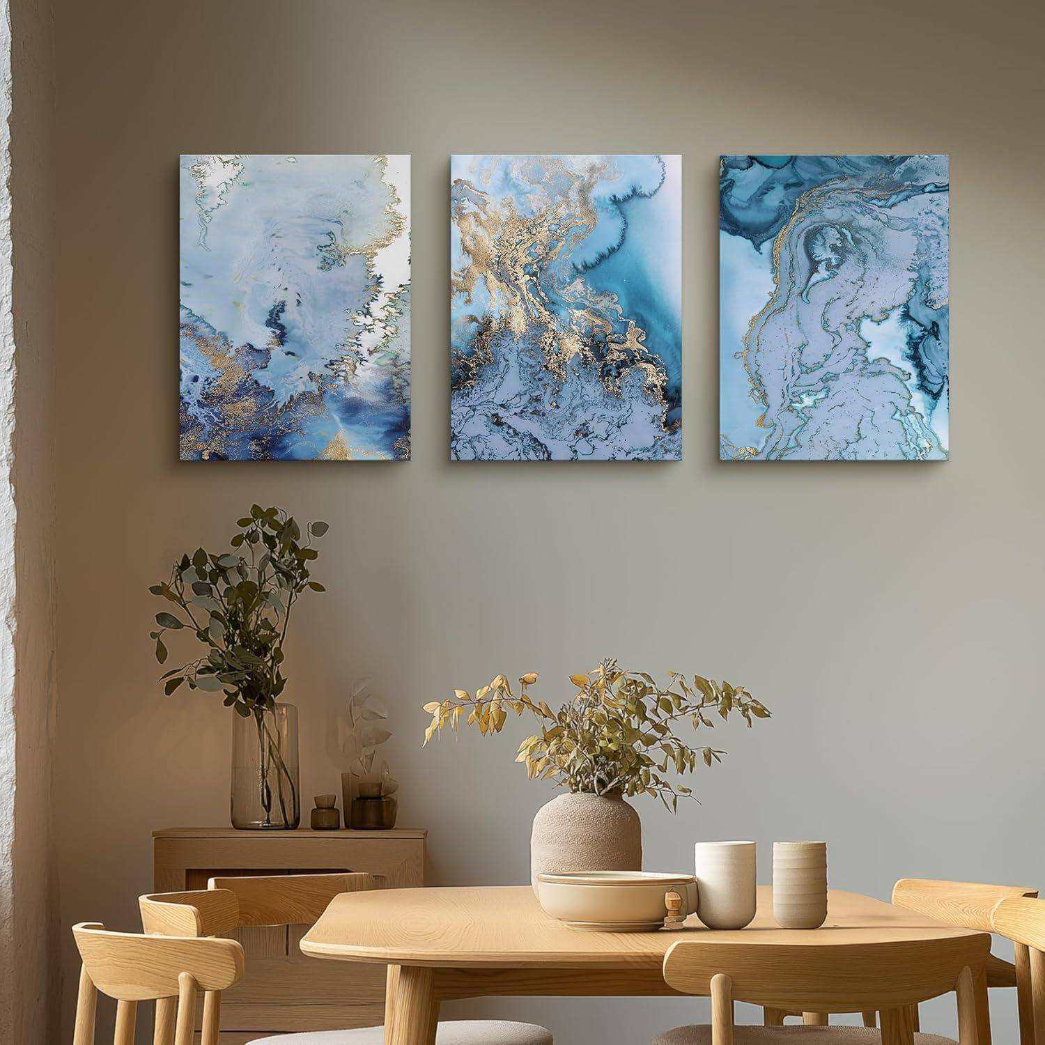 Wandbilder Abstrakt Blau Weiß Leinwand Kunst 40x58cm 3er Set