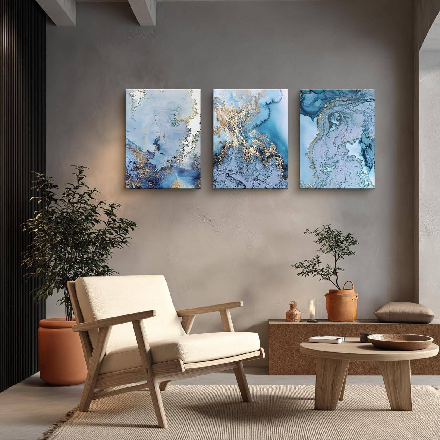 Wandbilder Abstrakt Blau Weiß Leinwand Kunst 40x58cm 3er Set