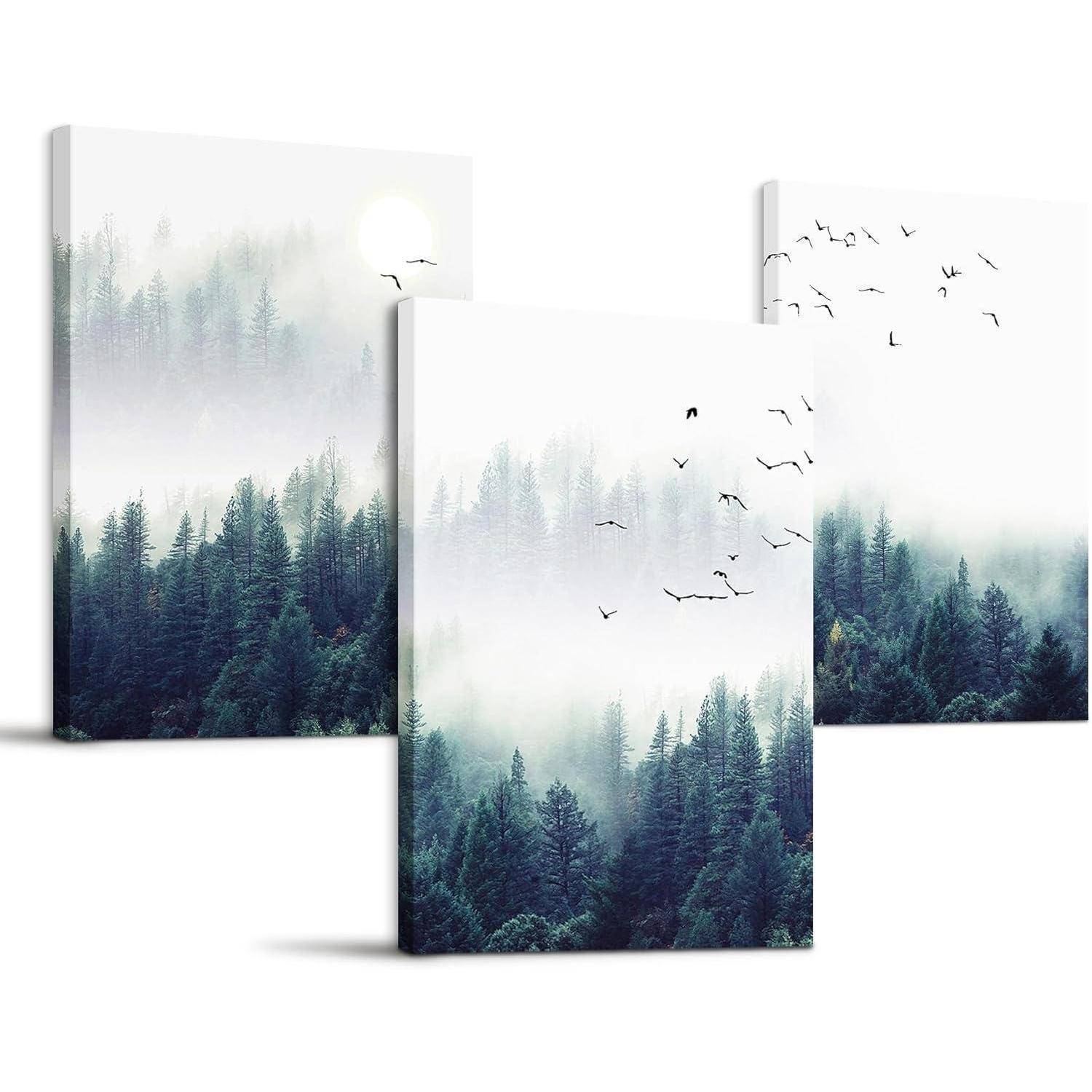 Nebelwald Leinwand Bilder Vögel Modern Wanddeko 30CM*40CM*3Stück