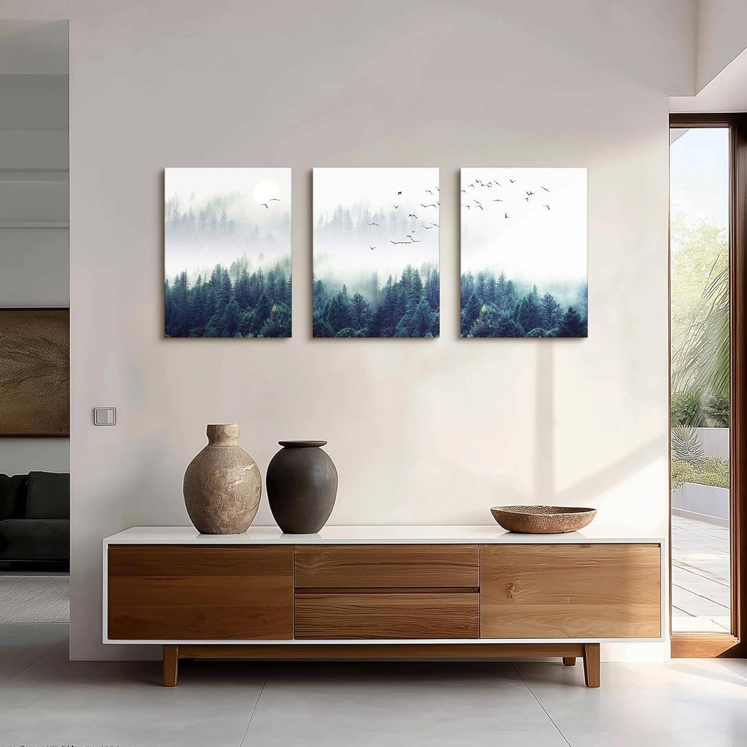 Nebelwald Leinwand Bilder Vögel Modern Wanddeko 30CM*40CM*3Stück