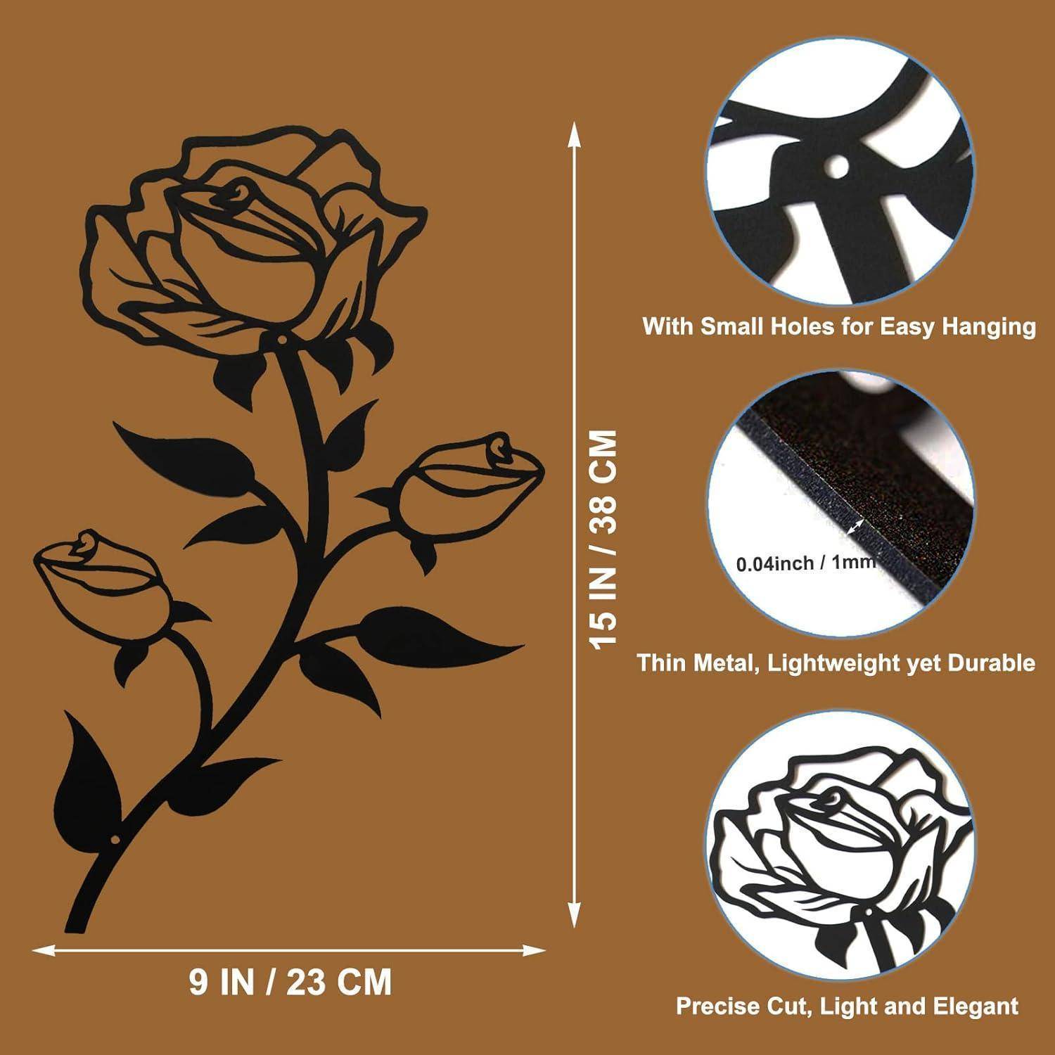 Große Schwarze Metall Rosen Wanddeko 38CM Hoch für Zuhause Büro