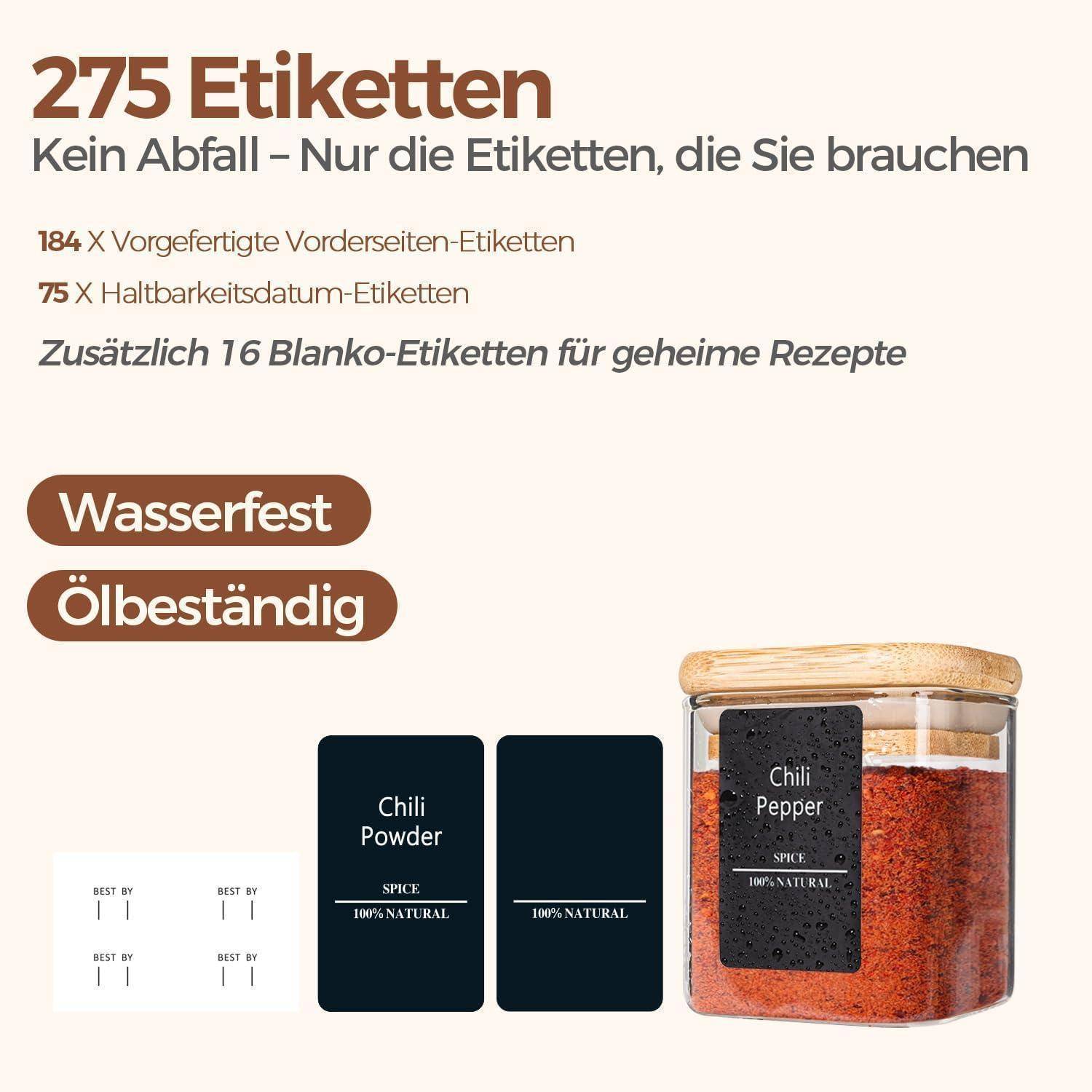 275 Etiketten für Gewürzgläser auf Deutsch mit Haltbarkeitsmerkmalen. Enthält 184 Frontaufkleber, 75 Datumsetiketten, 16 Blanko für Rezepte; wasserdicht und ölbeständig.