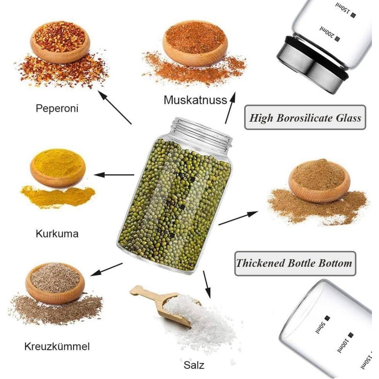 Gewürze um ein Gefäß herum: Peperoni, Muskatnuss, Kurkuma, Kreuzkümmel und Salz. Der Text weist auf dickwandiges Borosilikatglas und einen verstärkten Flaschenboden hin.