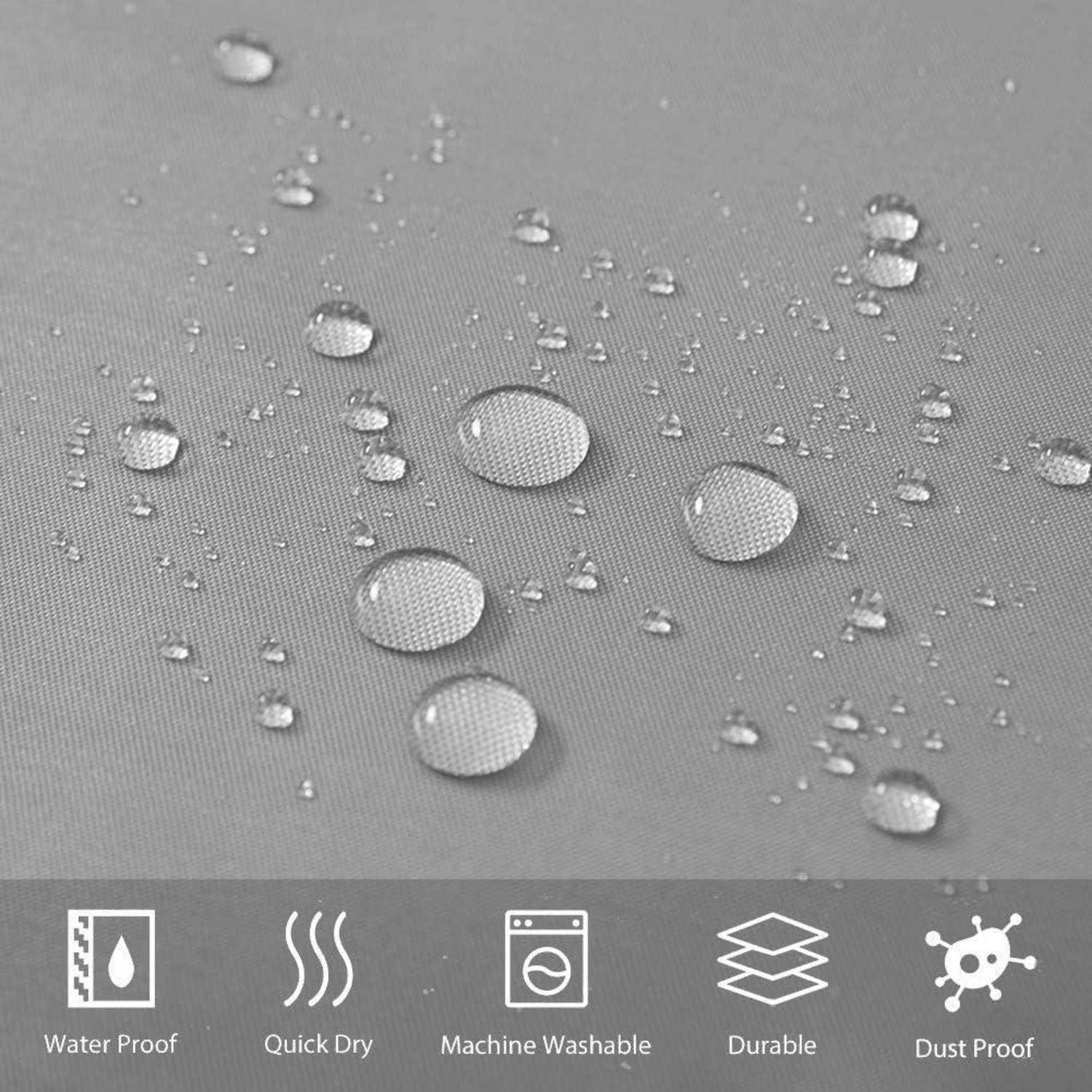 Wassertropfen auf einer grauen Stoffoberfläche veranschaulichen wasserdichte, schnell trocknende, waschmaschinengeeignete, strapazierfähige und staubabweisende Eigenschaften.
