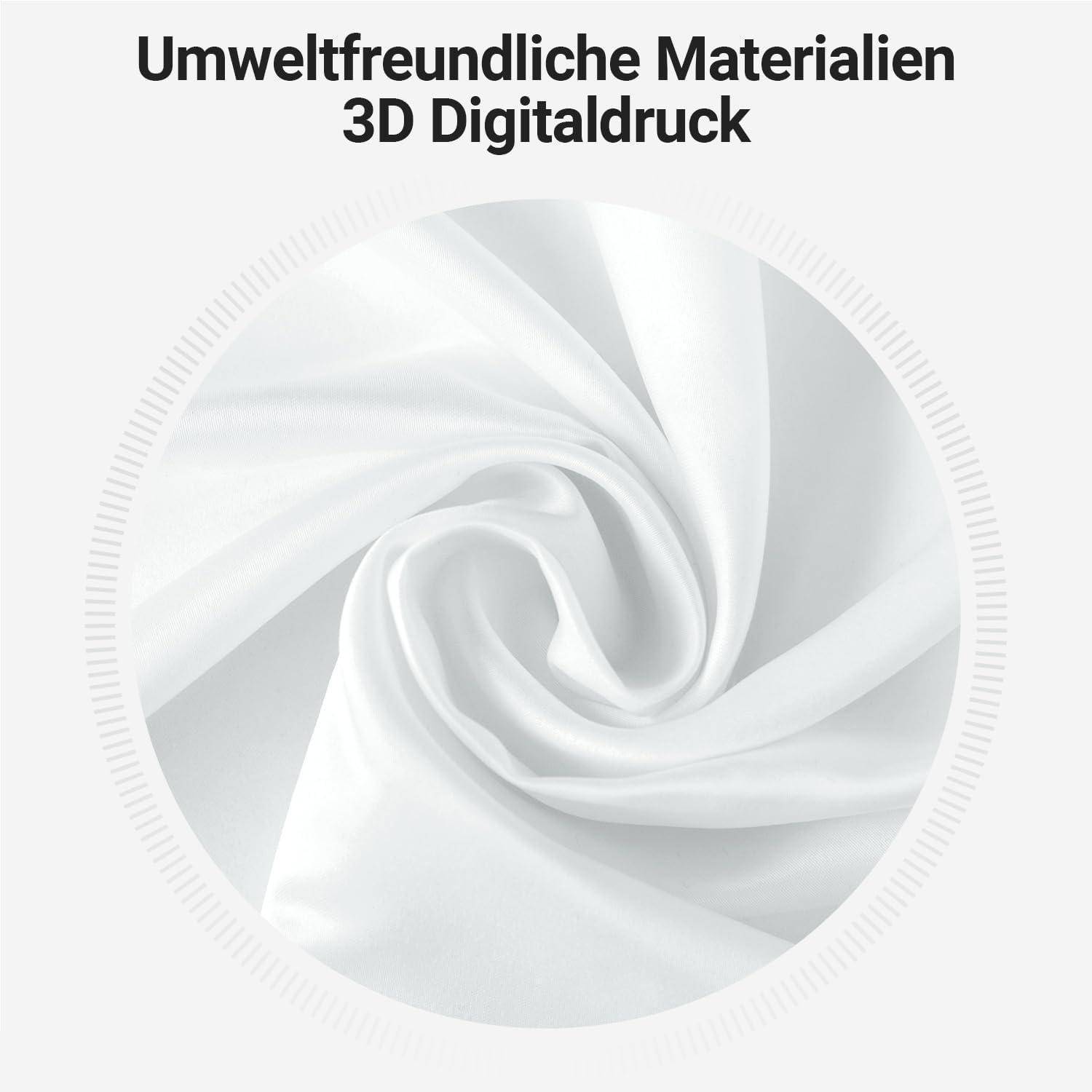 Ein weißes Stoffstück, das sich in einer Spiralmusterung dreht, begleitet von dem Text 'Umweltfreundliche Materialien 3D Digitaldruck' darüber.