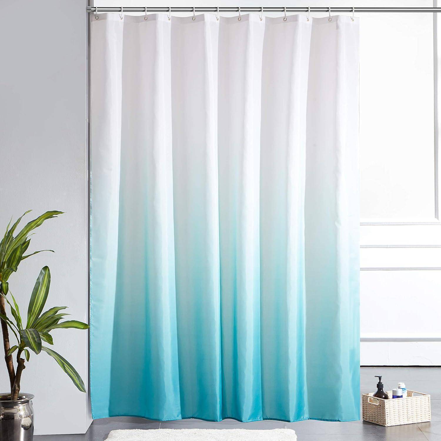 Ein Badezimmer mit einem weißen und blauen Ombre-Duschvorhang. Eine Pflanze steht links, und ein kleiner Tisch mit Toilettenartikeln befindet sich rechts.