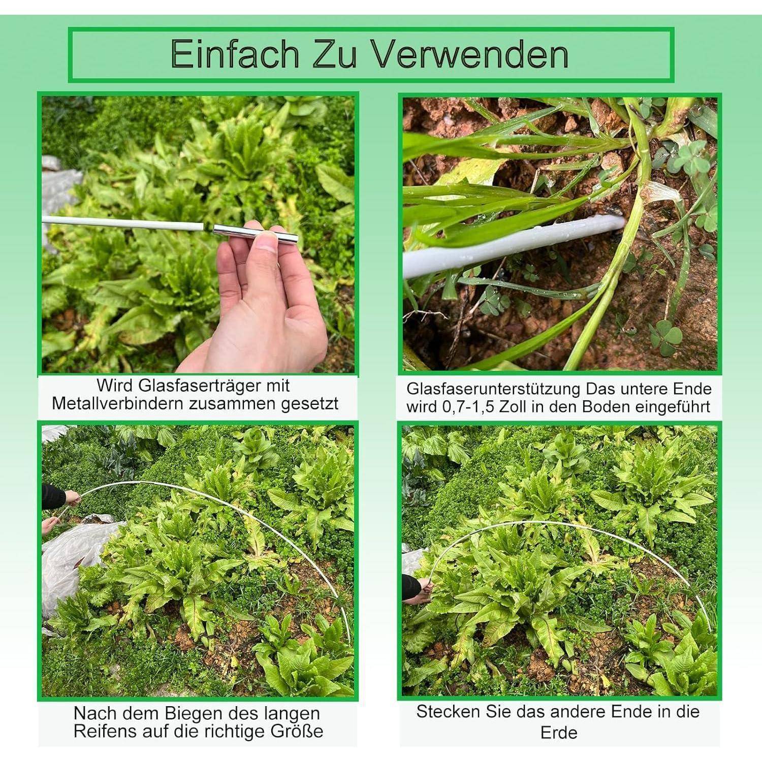 Aluminiumstützsystem im Garten: Mit Metallbefestigungen zusammenbauen, in den Boden einsetzen, auf Maß biegen, das andere Ende im Boden verankern.