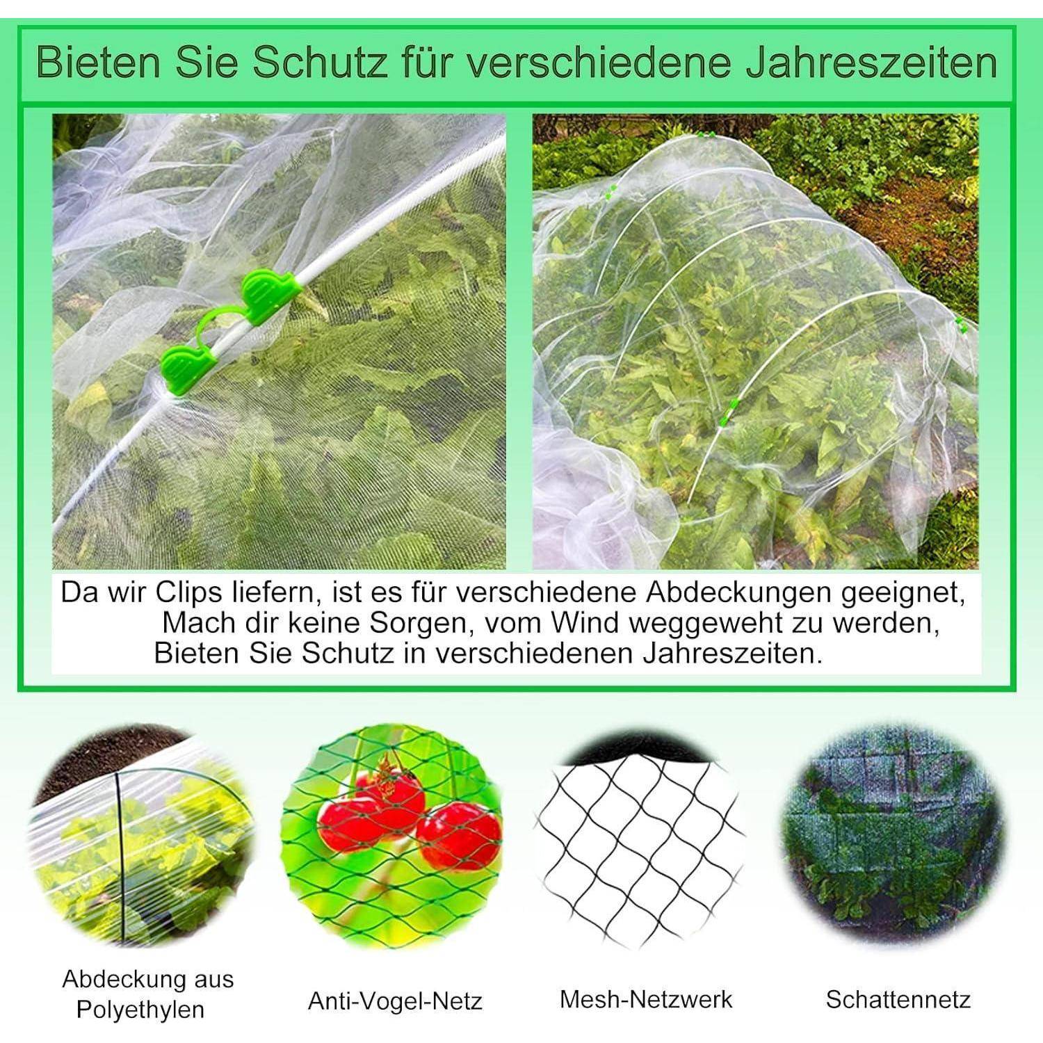 Das Bild zeigt verschiedene Netzoptionen zum Pflanzenschutz: Polyethylen-Abdeckung, Vogelschutznetz, Maschennetz und Schattennetz, geeignet für alle Jahreszeiten.