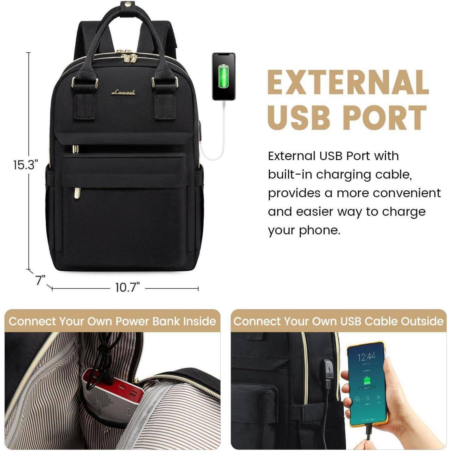 Schwarzer Rucksack mit goldenen Reißverschlüssen, ausgestattet mit einem externen USB-Anschluss und integriertem Ladekabel für bequemes Aufladen des Telefons.