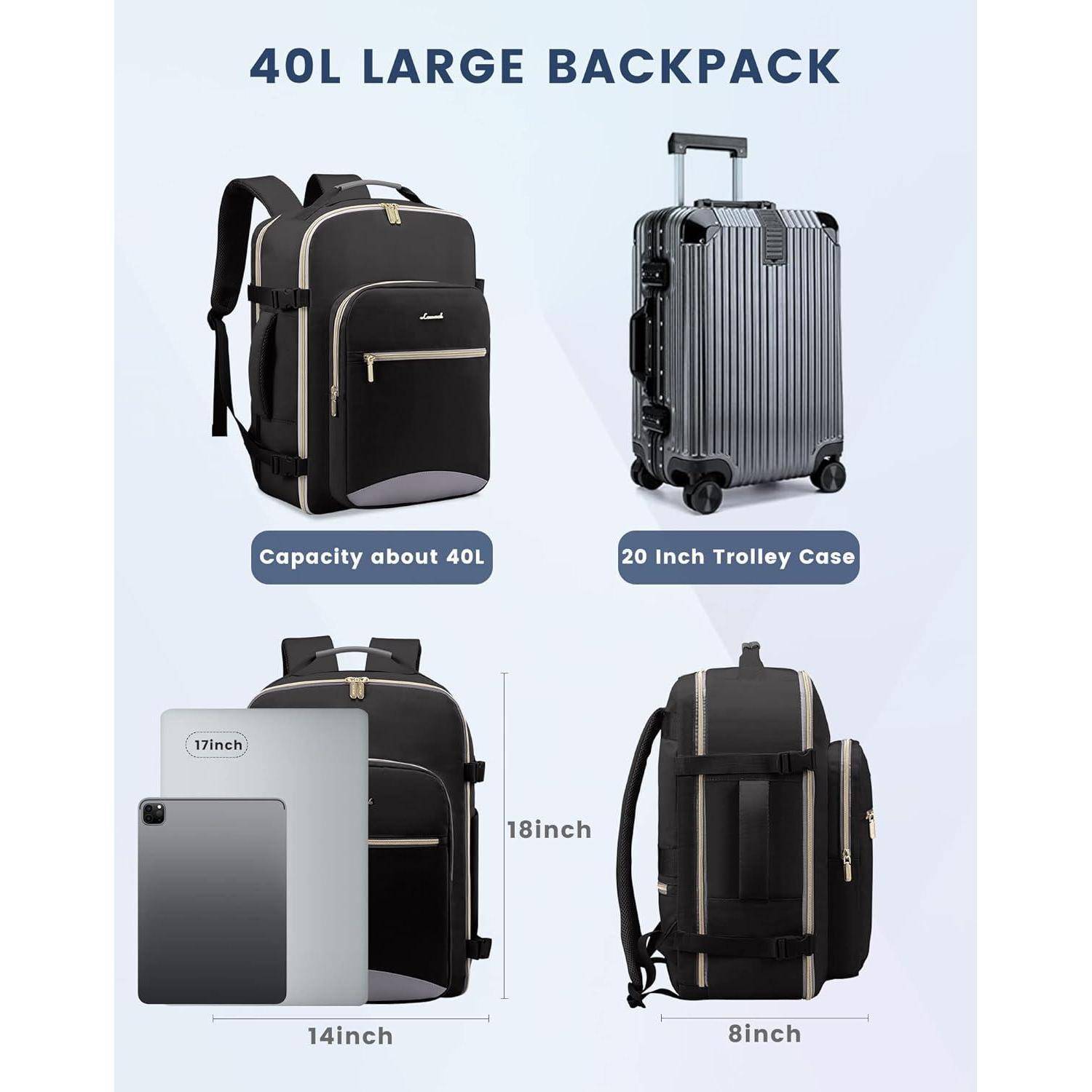 40L Großer Rucksack' Bild zeigt einen schwarzen Rucksack mit 'Kapazität ca. 40L', Abmessungen 18x14x8 Zoll, neben einem 20-Zoll-Trolley-Koffer.