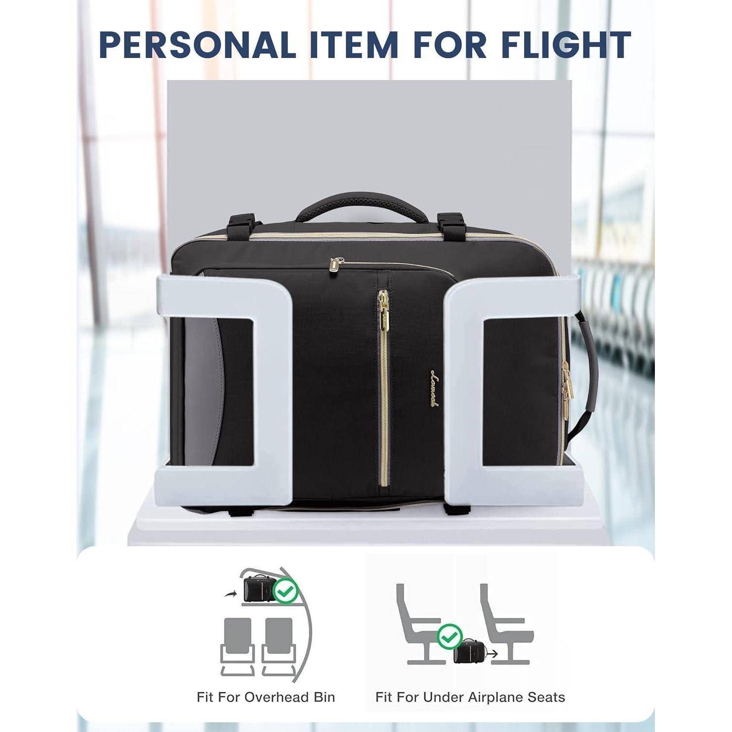 Schwarze Reisetasche, die sowohl in das Gepäckfach über den Sitzen als auch unter die Flugzeugsitze passt. Text lautet: „Persönliches Gepäckstück für den Flug
