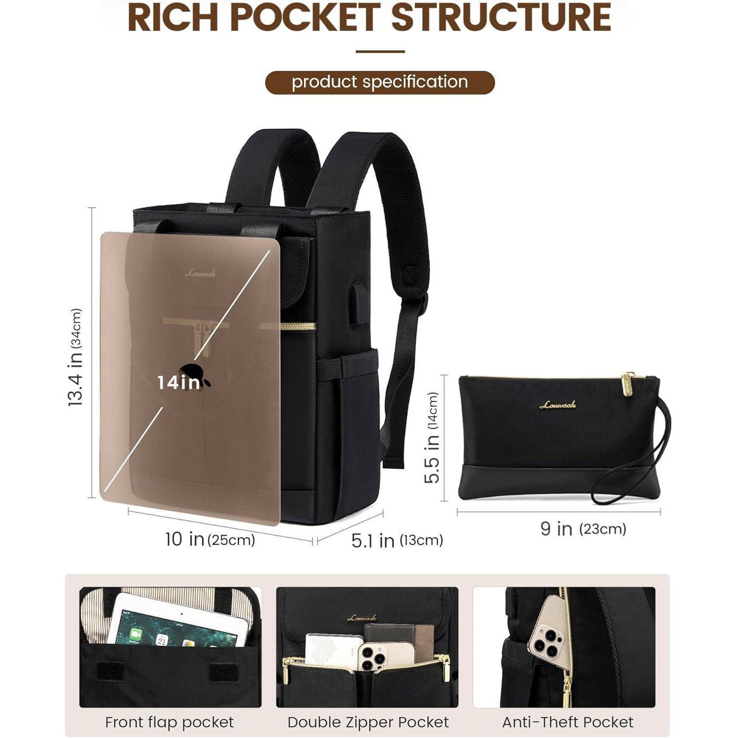 Rucksack Damen Klein Cityrucksack Handtasche 2 in 1 USB Ladeanschluss