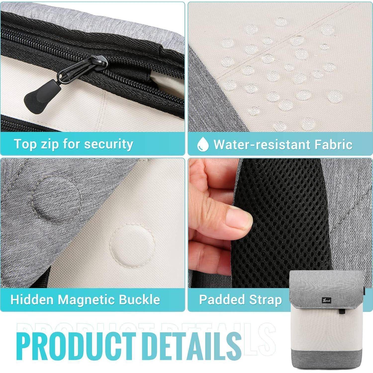 Eine Collage, die den oberen Reißverschluss eines Rucksacks zeigt, wasserabweisendes Gewebe mit Wassertropfen, eine versteckte magnetische Schnalle, einen gepolsterten Träger und ein kleines Bild des gesamten Rucksacks.