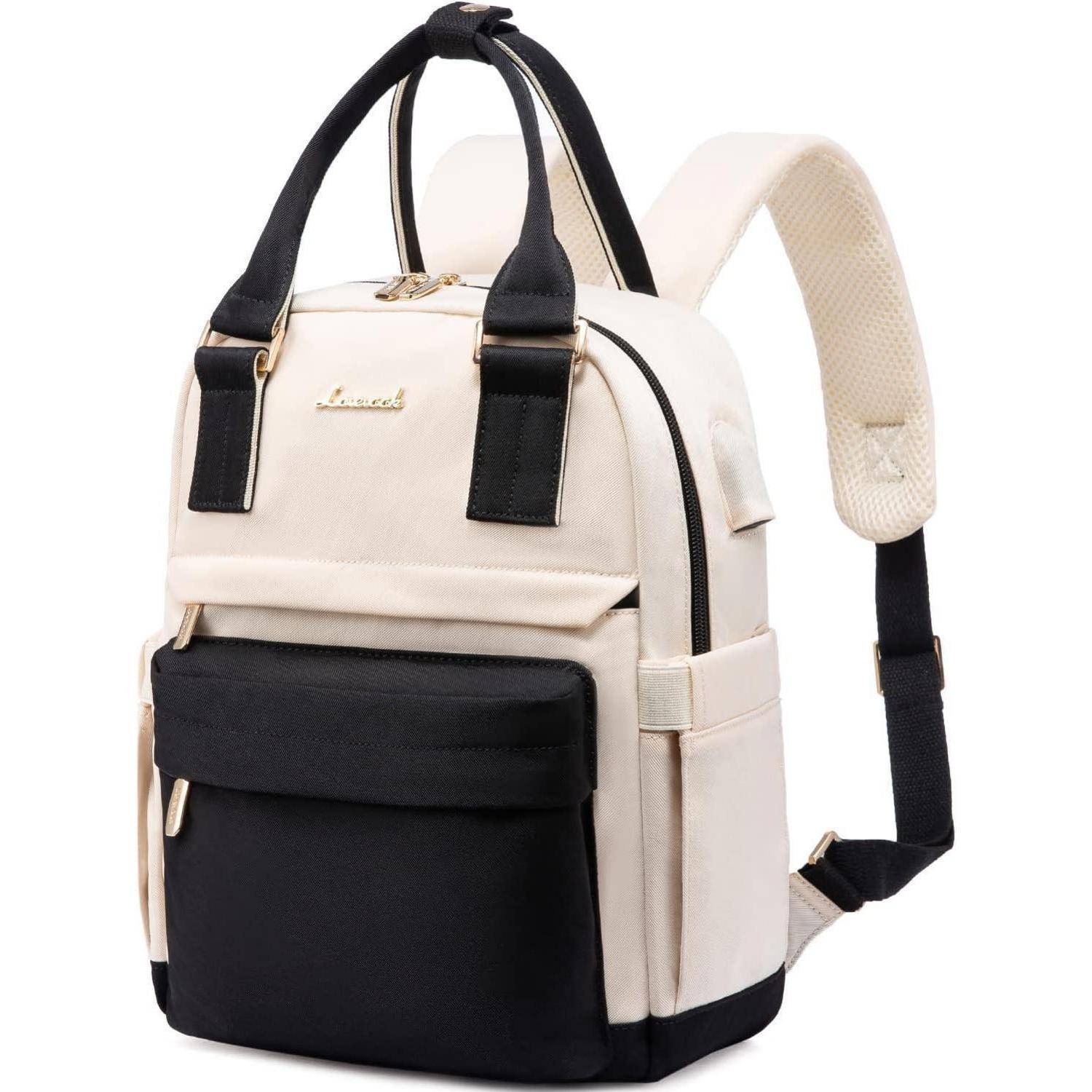 Ein stilvoller Rucksack in Creme und Schwarz mit Vordertasche, doppelten Tragegriffen und verstellbaren Riemen, geeignet für Mode und Reisen.