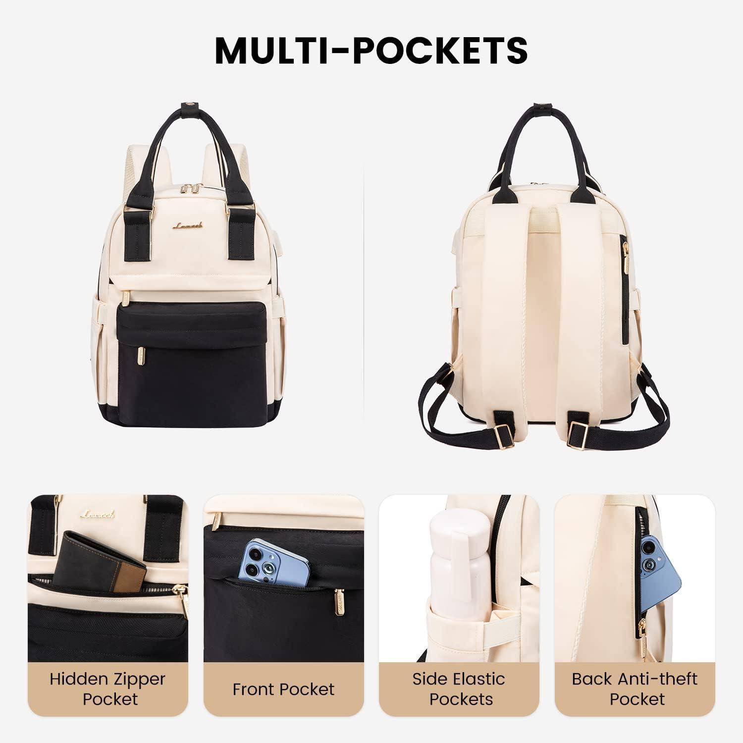 Rucksack mit mehreren Taschen: versteckter Reißverschluss, Fronttasche, seitliche Elastiktaschen für Flaschen und hintere diebstahlsichere Tasche. Ideal zur Organisation.