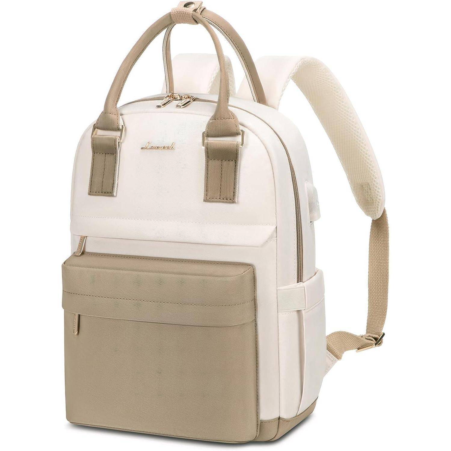 Beige und weißer Rucksack mit Griffen, Vordertasche und verstellbaren Trägern, geeignet für den lässigen Alltag oder die Schule.