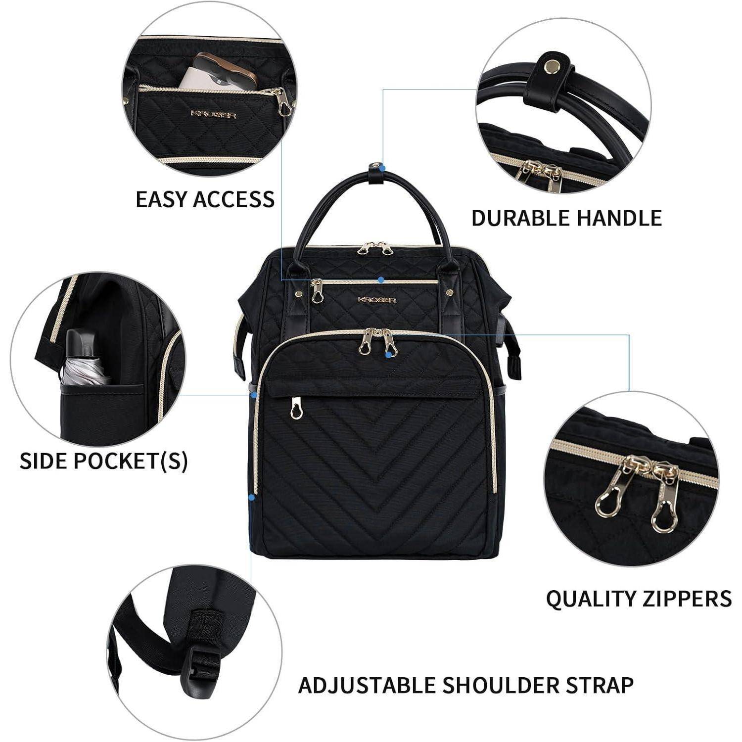 Schwarzer Rucksack mit Seitentaschen, robustem Griff, verstellbarem Schultergurt und hochwertigen Reißverschlüssen; gekennzeichnete Merkmale heben die Funktionalität hervor.