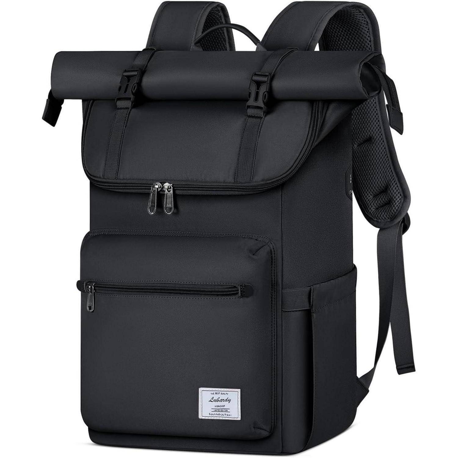 Schwarzer Rucksack mit Rolltop-Design, Reißverschlusstasche an der Vorderseite, Seitentaschen und gepolsterten Schultergurten, geeignet für Reisen oder den täglichen Gebrauch.