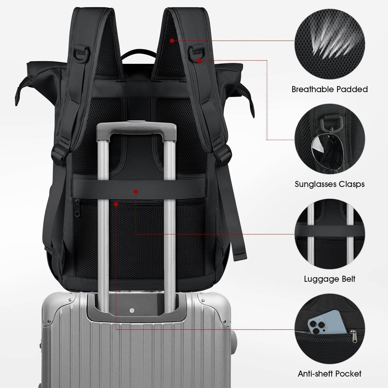 Rucksack mit Gepäckmerkmalen verfügt über atmungsaktive Polsterung, Sonnenbrillenhalterungen, Gepäckgurt und diebstahlsicheres Fach, was die Reisebenutzerfreundlichkeit hervorhebt.