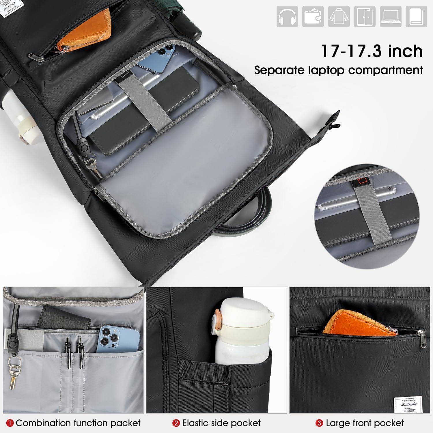 Schwarzer Rucksack mit mehreren Fächern; enthält ein separates Laptopfach, elastische Seitentasche und große Fronttasche.