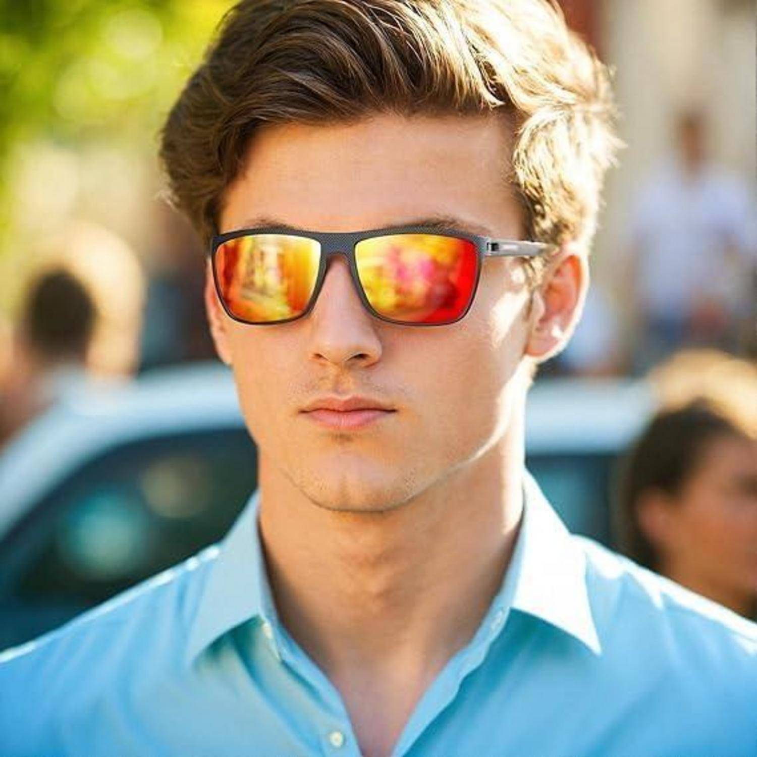 Eine Person mit verspiegelter Sonnenbrille steht bei Tageslicht im Freien, gekleidet in ein hellblaues Hemd, mit einem verschwommenen Hintergrund aus Vegetation und Menschen.