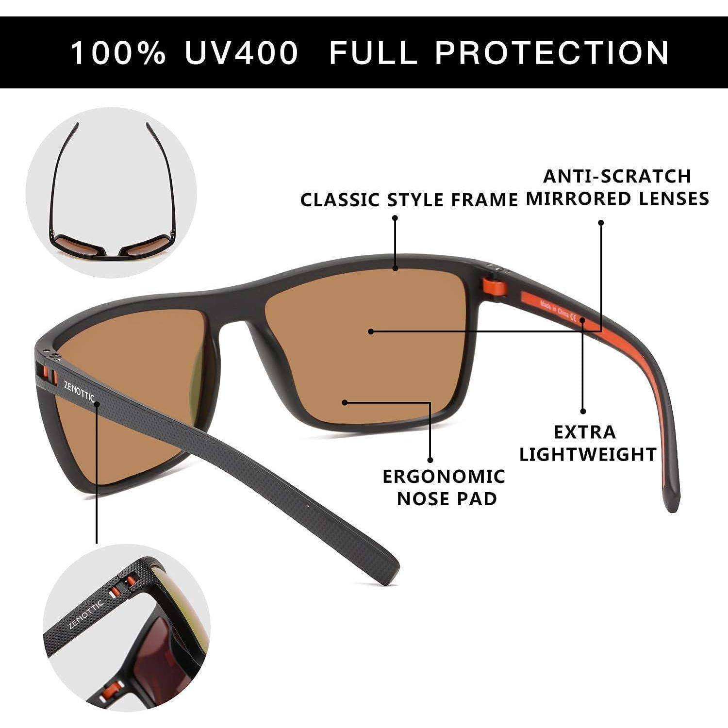 Sonnenbrille mit klassischem Stil und verspiegelten Gläsern. Zu den Merkmalen gehören UV400-Schutz, kratzfeste Gläser, ergonomisches Nasenkissen und leichtes Design.