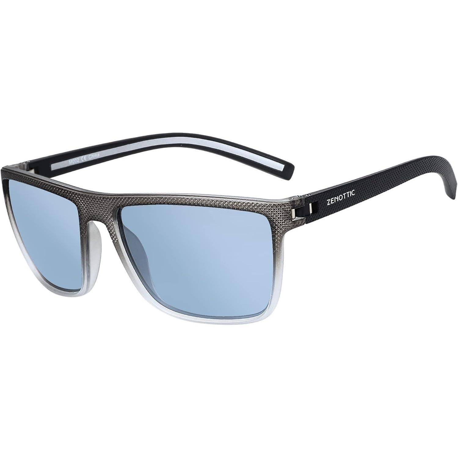 Sonnenbrille mit einem schlanken schwarzen und grauen Rahmen, auf dem Bügel mit 'ZENOTTIC' beschriftet, ausgestattet mit blau getönten Gläsern.