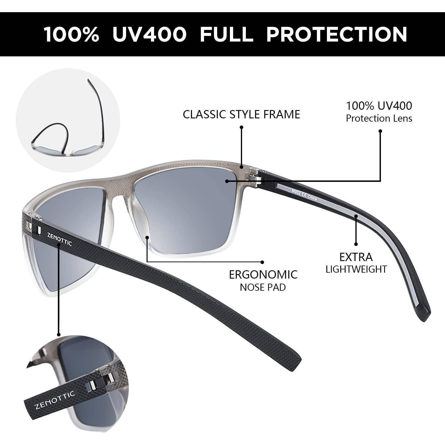 Klassische Sonnenbrille mit UV400-Schutz. Merkmale sind ein ergonomisches Nasenpads, leichtes Design und beschriftete Gläser.
