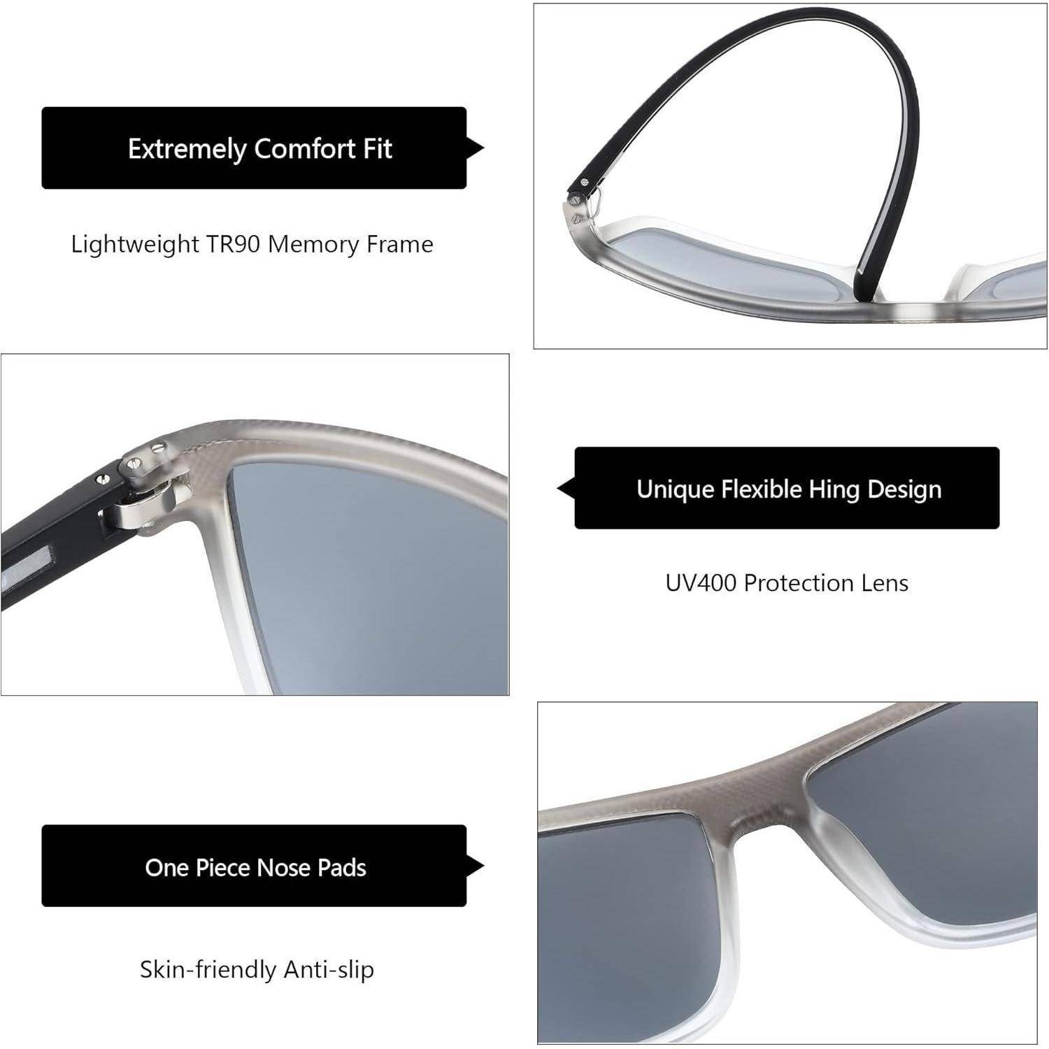 Sonnenbrille mit einem leichten TR90-Memory-Gestell, ausgestattet mit UV400-Schutzgläsern, einer einzigartigen flexiblen Scharniergestaltung und einteiligen Nasenpads für einen äußerst bequemen Sitz.
