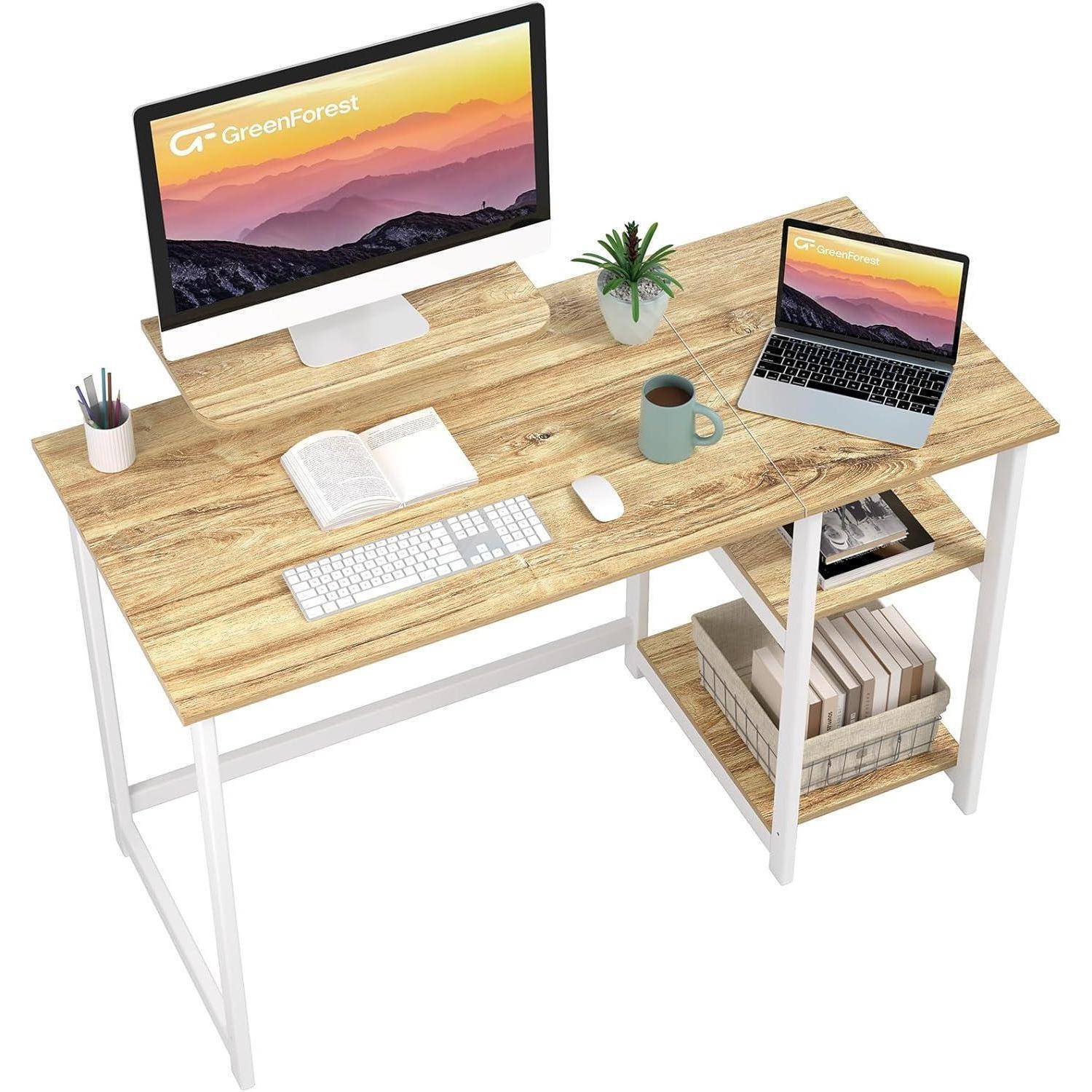 Schreibtisch 120cm mit Stauraum und Monitorständer Beige