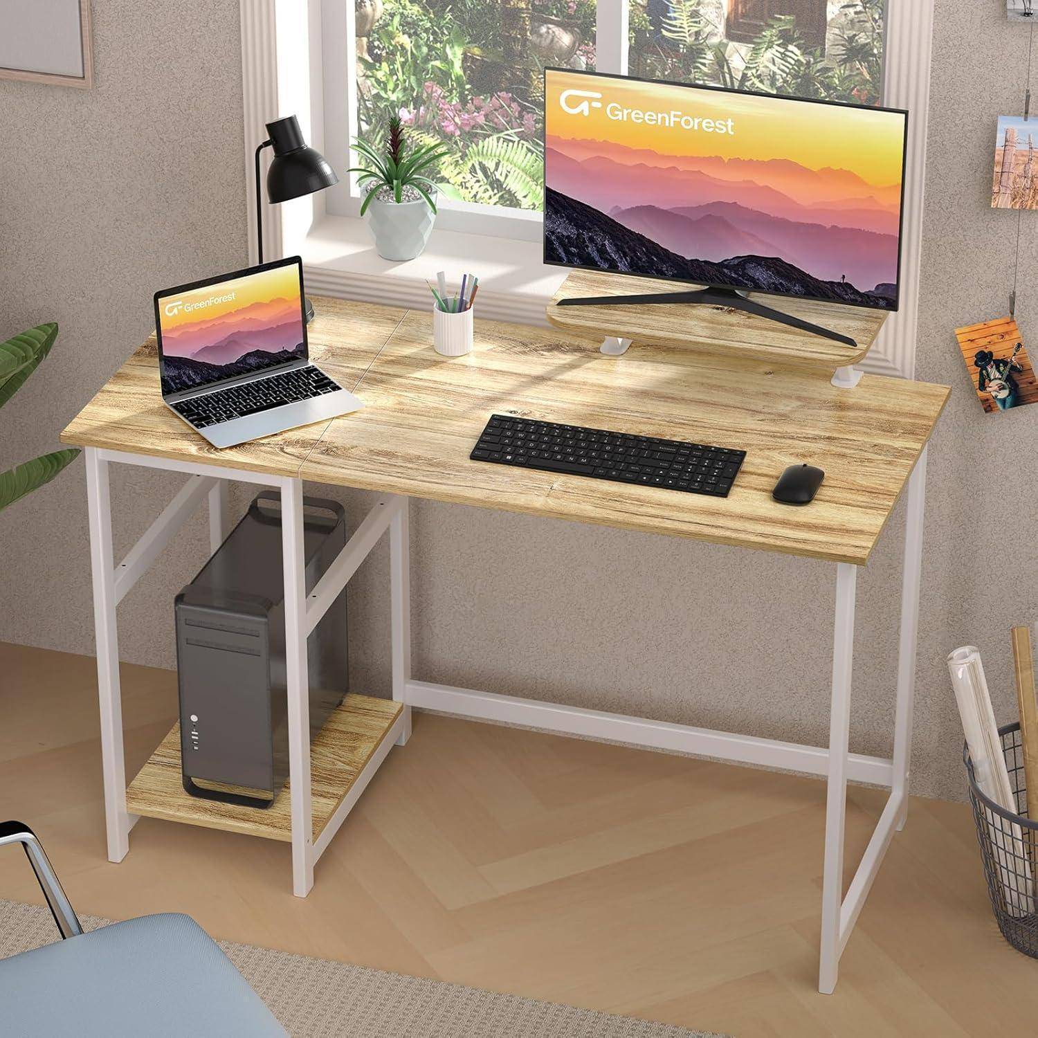 Schreibtisch 120cm mit Stauraum und Monitorständer Beige