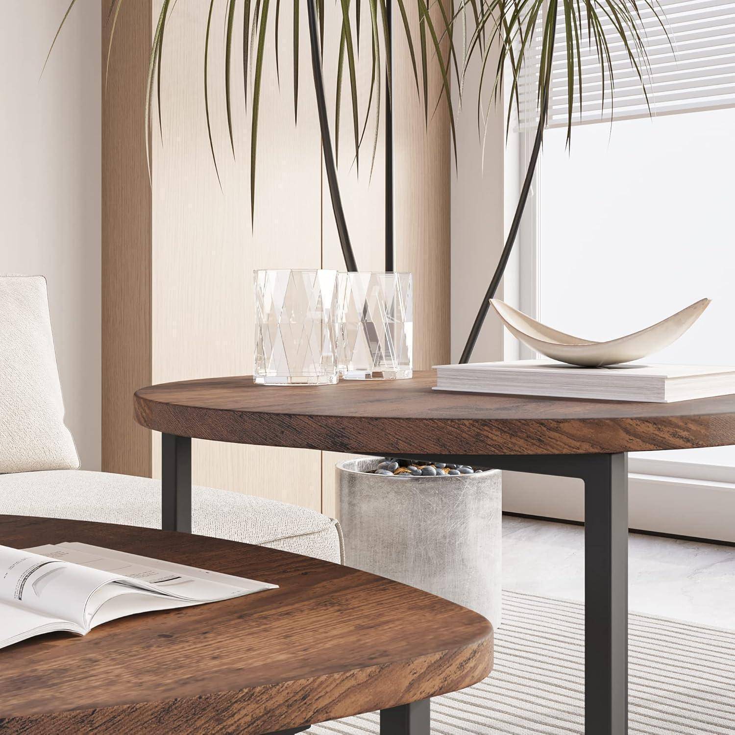 Couchtisch Rund 2er Set Metall Holz Schwarz Braun Design modern